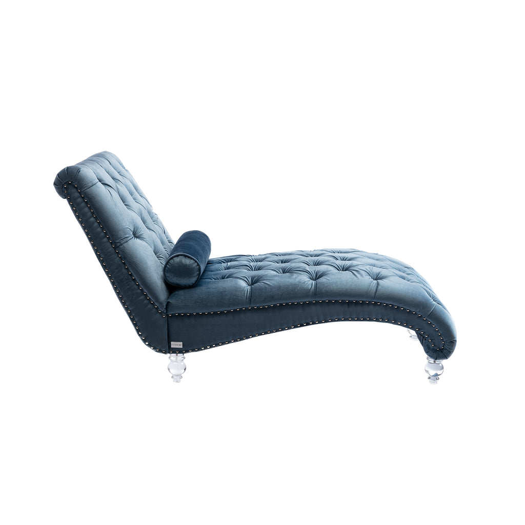 Light blue velvet chaise lounge side view