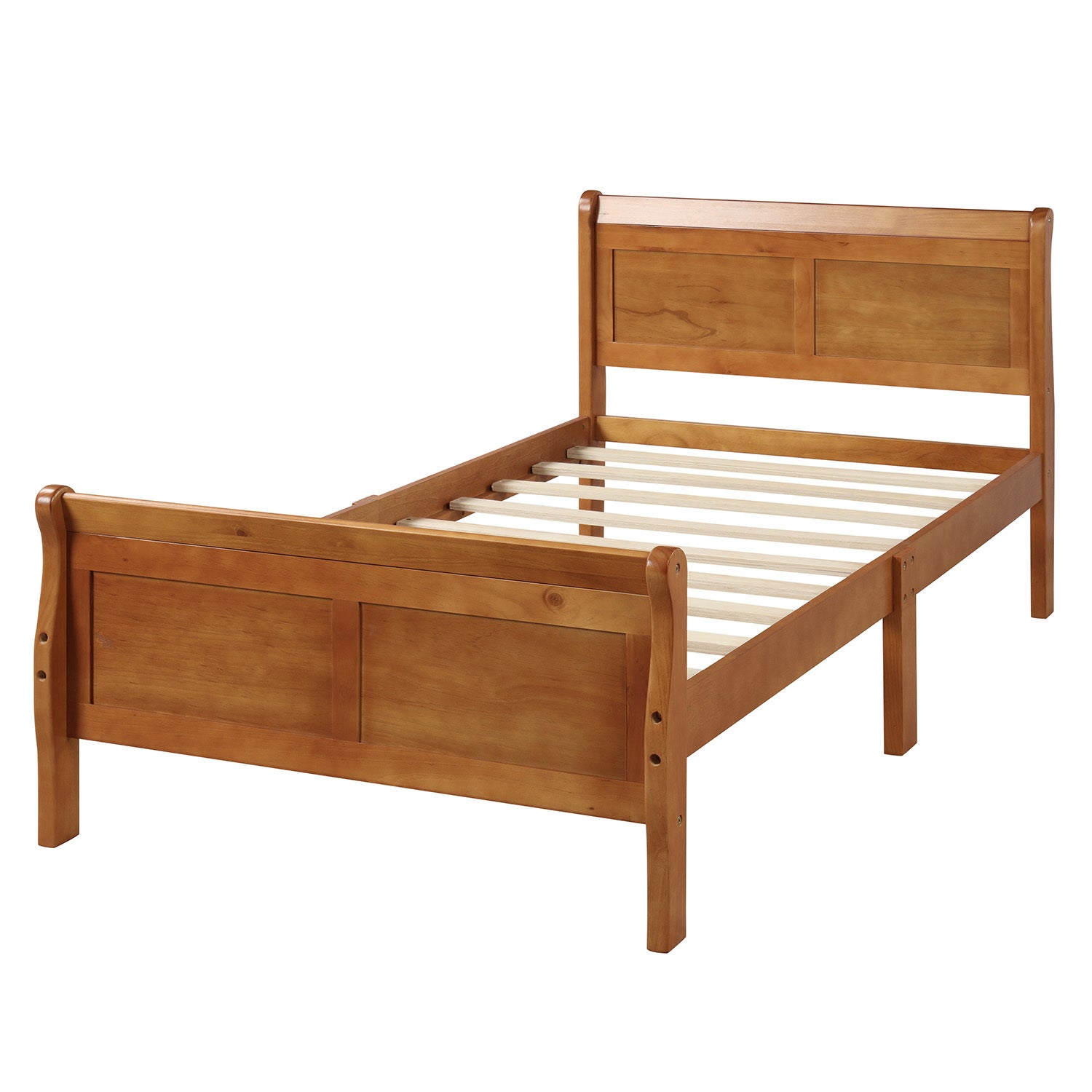 Oak twin platform bed with sleigh headboard and footboard — front view