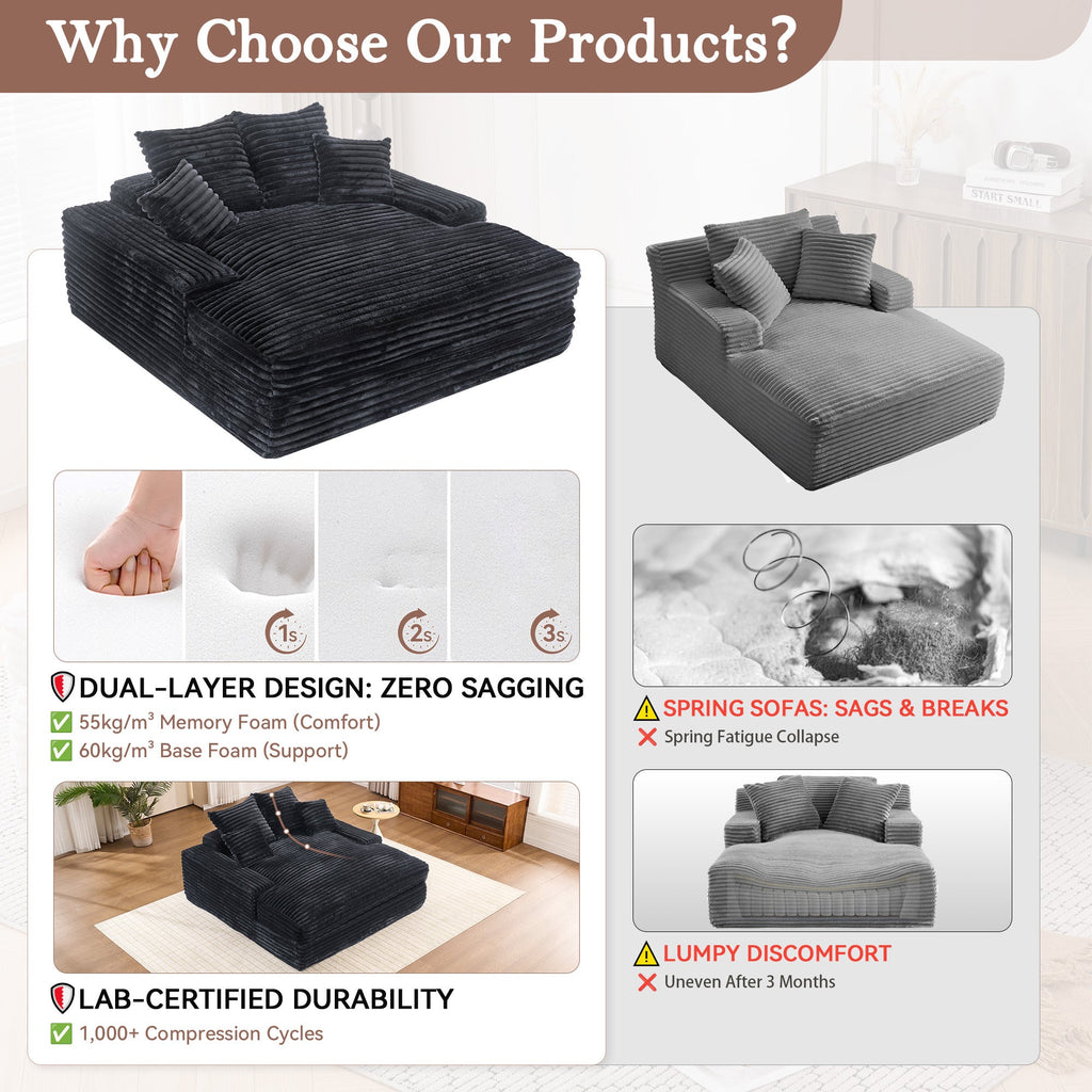 028DR-Oversized chaise Lounge chair, Upholstered Sleeper Sofa Bed with 4 Throw Pillows and Armrests, Corduroy Fabric Plush Lounge Chair Bed for Living Room, Apartment & Small Spaces, Black