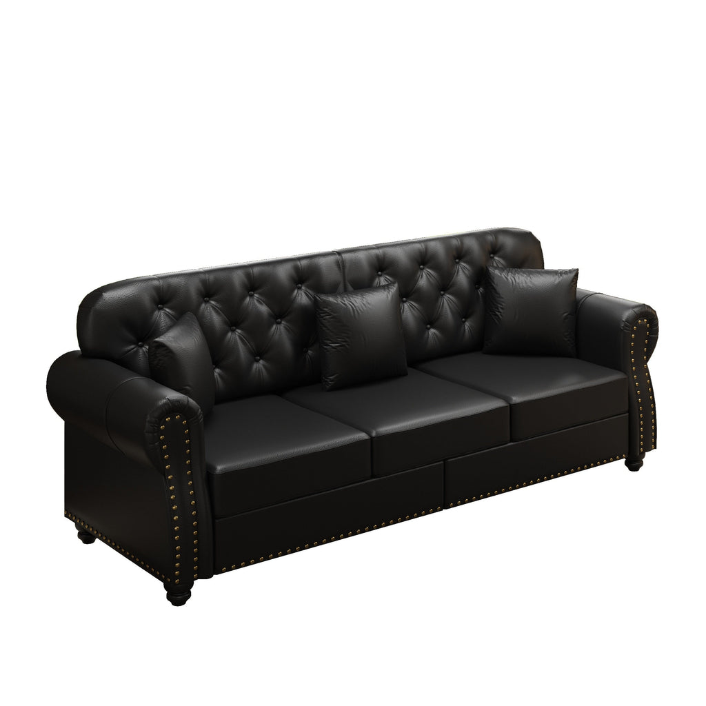 82.6'Upholstered Faux Leather Sofa with Nailhead Trim and Rolled Armrests,Mid-Century Modern Chesterfield Sofa with Button Tufted,Includes 3 Pillows,Black