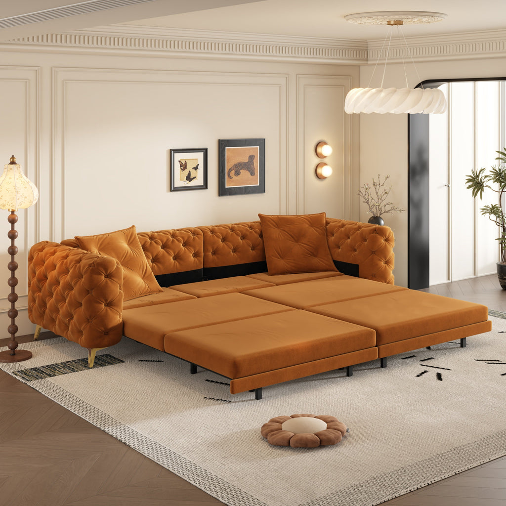 97.7' 3-in-1 Convertible Sleeper Sofa, 28.4' Deep Seat Pull Out Sofa Bed,Button Tufted Modern Sofa, 4-Seater Couch with Movable Ottoman for Apartment, Office, Bedroom,Beige/White