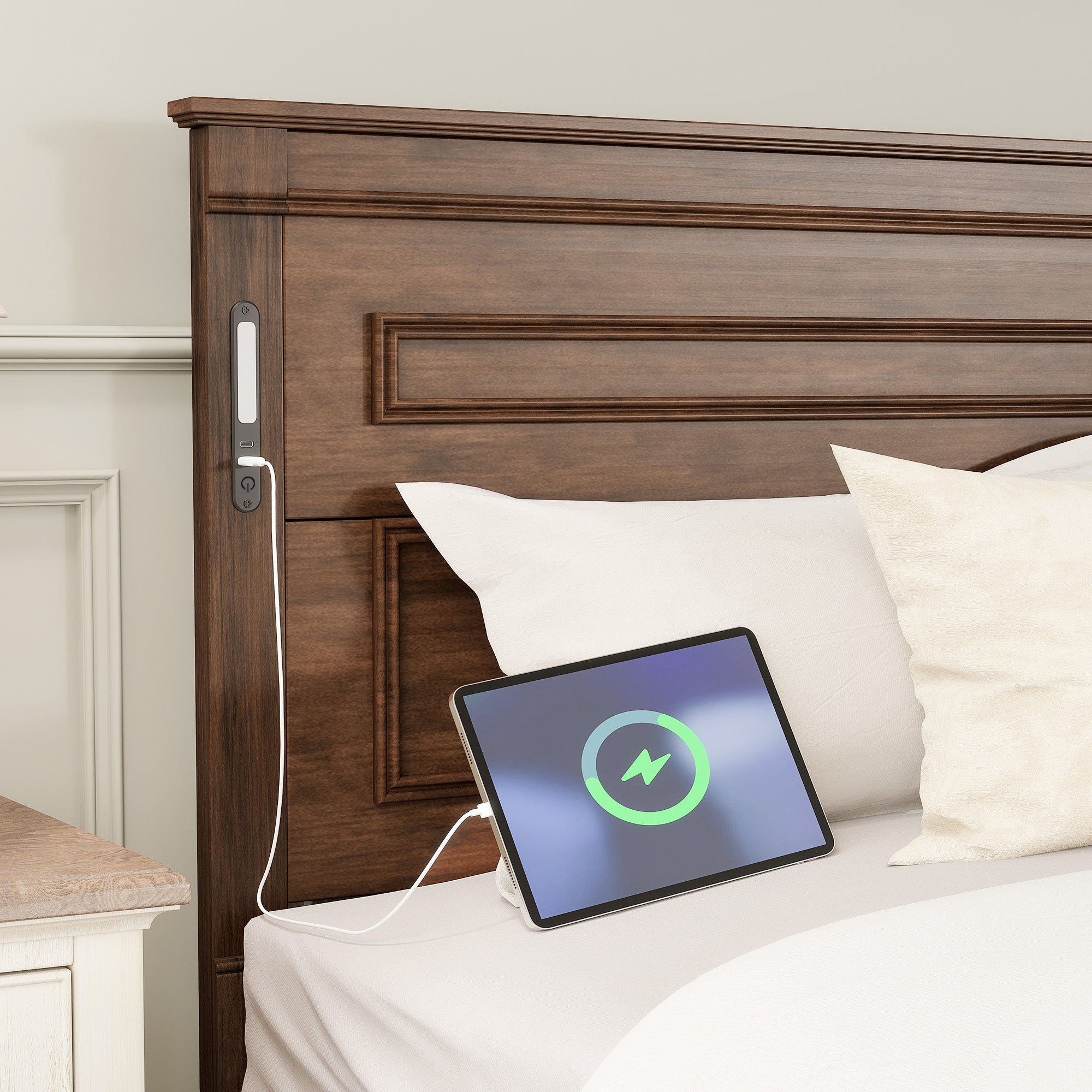 King Size Bed with Tall-Panel Headboard & Footboard, 2 Storage Drawers, Built-in LED Lights, USB Charging Station, Pinewood Bed with Strengthened Bed Frame ,White