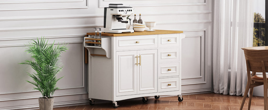 K&K 52'' Kitchen Island with Drop Leaf, Embossed Texture Kitchen Island on Wheels with Spice Rack, Towel Rack, 2 Doors and 5 Drawers, Kitchen Storage Cart with Adjustable Shelf for Kitchen, Blue Grey
