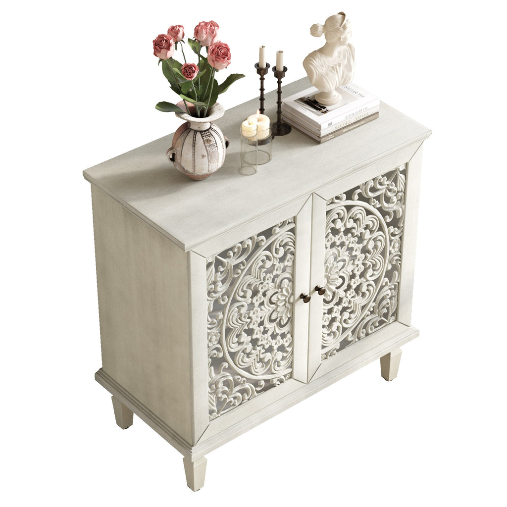 Vintage Hollow-Carved Accent Cabinet, 2-Door Display Storage Sideboard with Symmetrical Floral Design, Adjustable Shelf and Solid Wood Legs for Living Room Entryway(Antique Green)