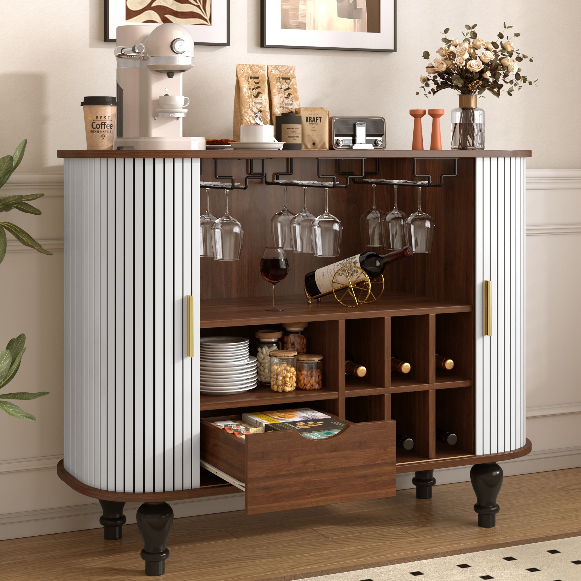 39' Fluted Liquor & Coffee Bar Cabinet with 6 Wine Racks and 3 Glass Holders, Mid-Century Modern Bar Cabinet with A Large Storage Drawer ,4 Hidden Storage Space on the Side , Black