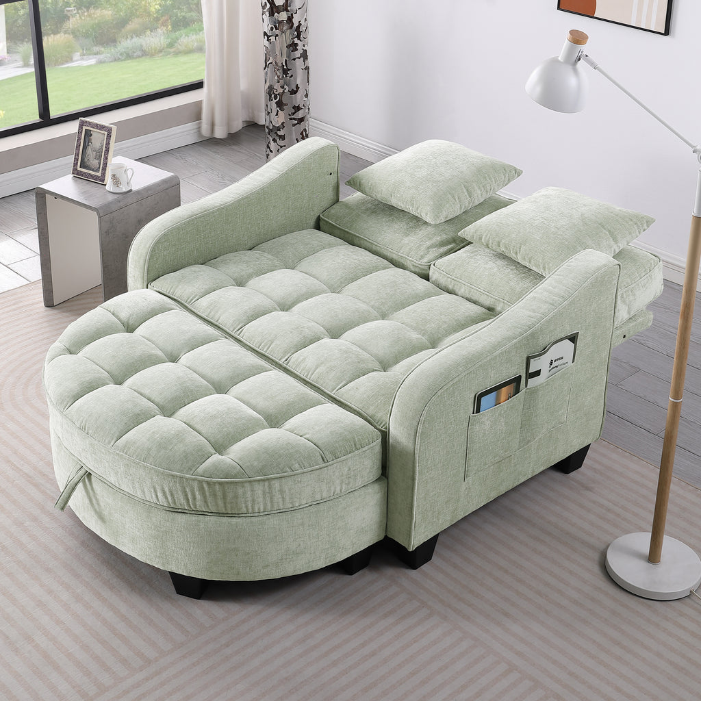 Cyan 2-seater sofa with irregular curved armrests — angle view