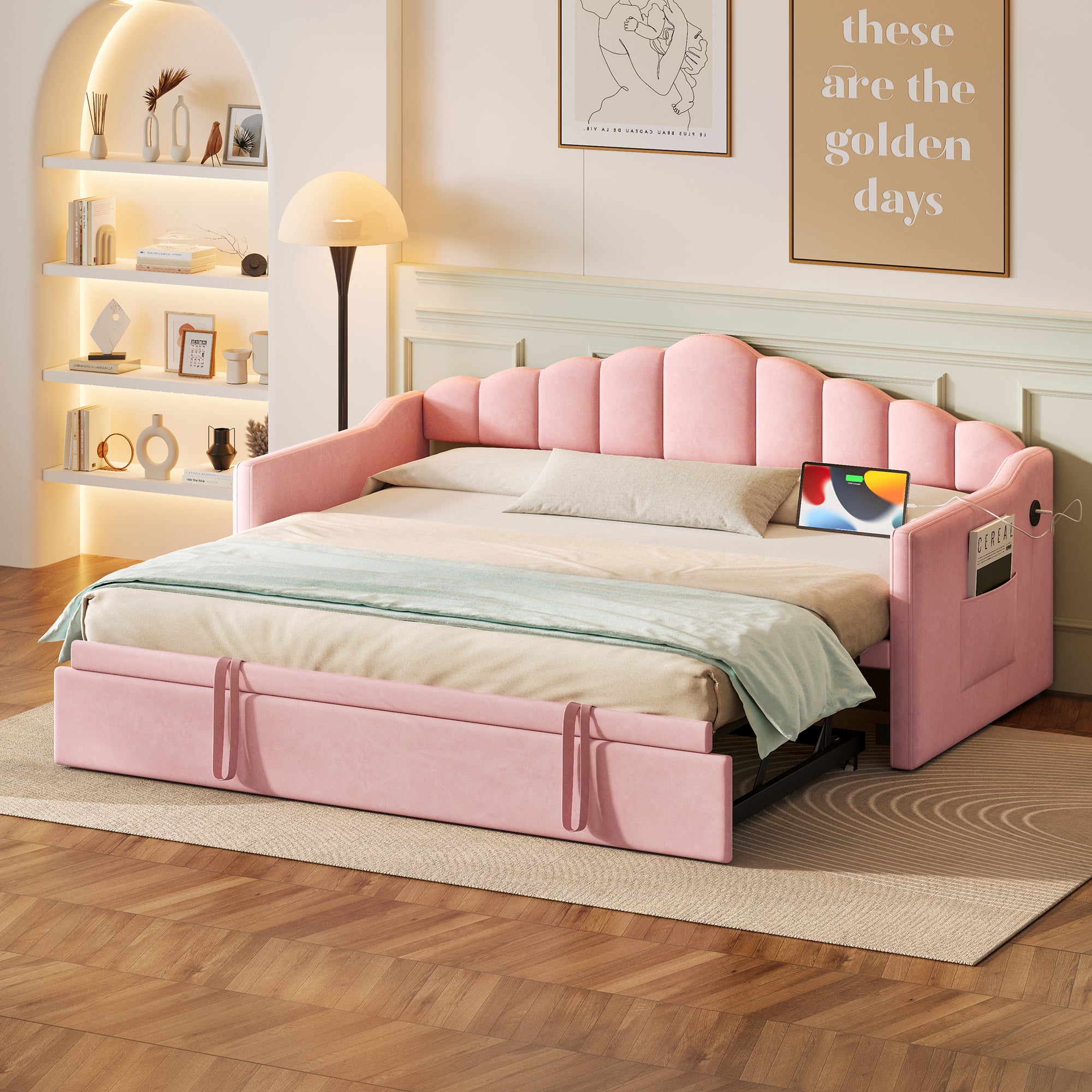 Upholstered Twin Size Daybed with Adjustable Height Pop Up Trundle Twin Bed and USB & Type-C Charging Port, Day Bed Frame with 2 Side Pockets, No Box-Spring Needed, Pink(Old SKU:N733S285118H)