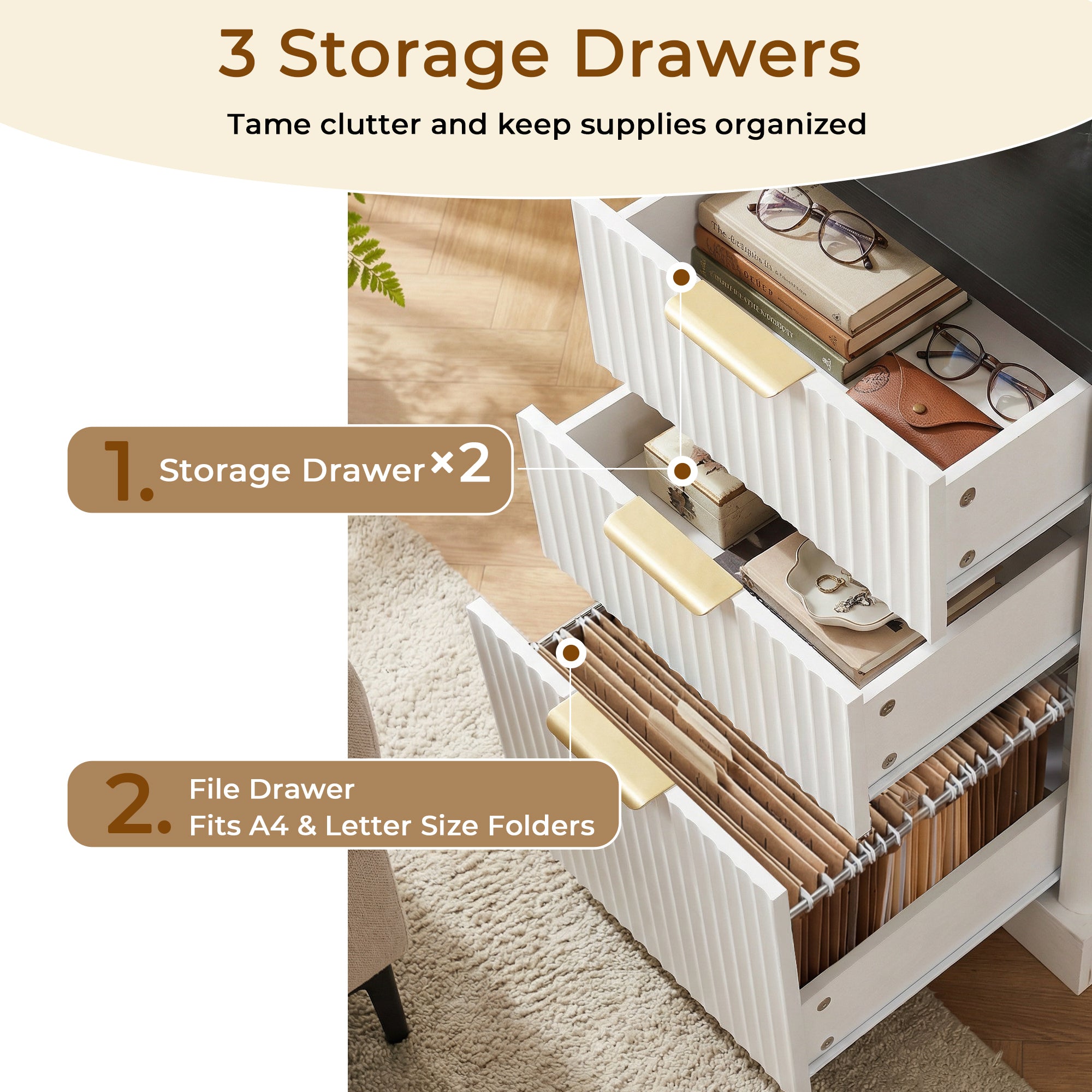L-shaped desk file drawer and cabinet detail