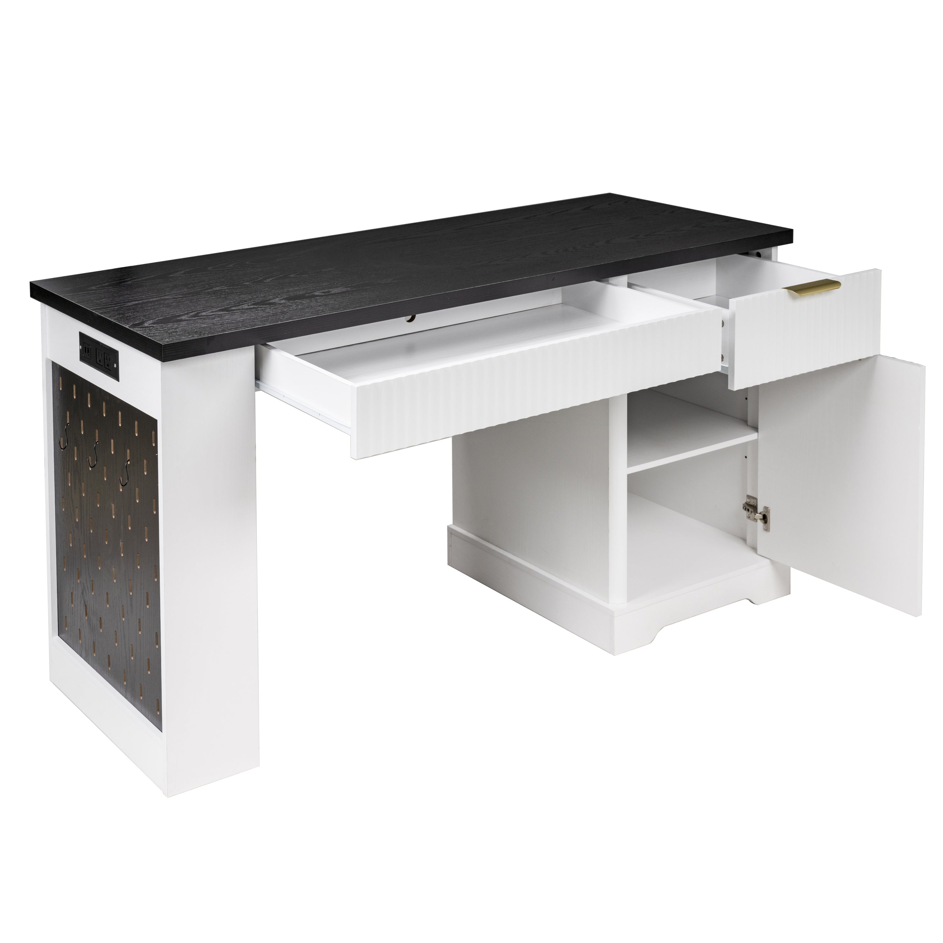 White fluted desk cabinet door open adjustable shelf view