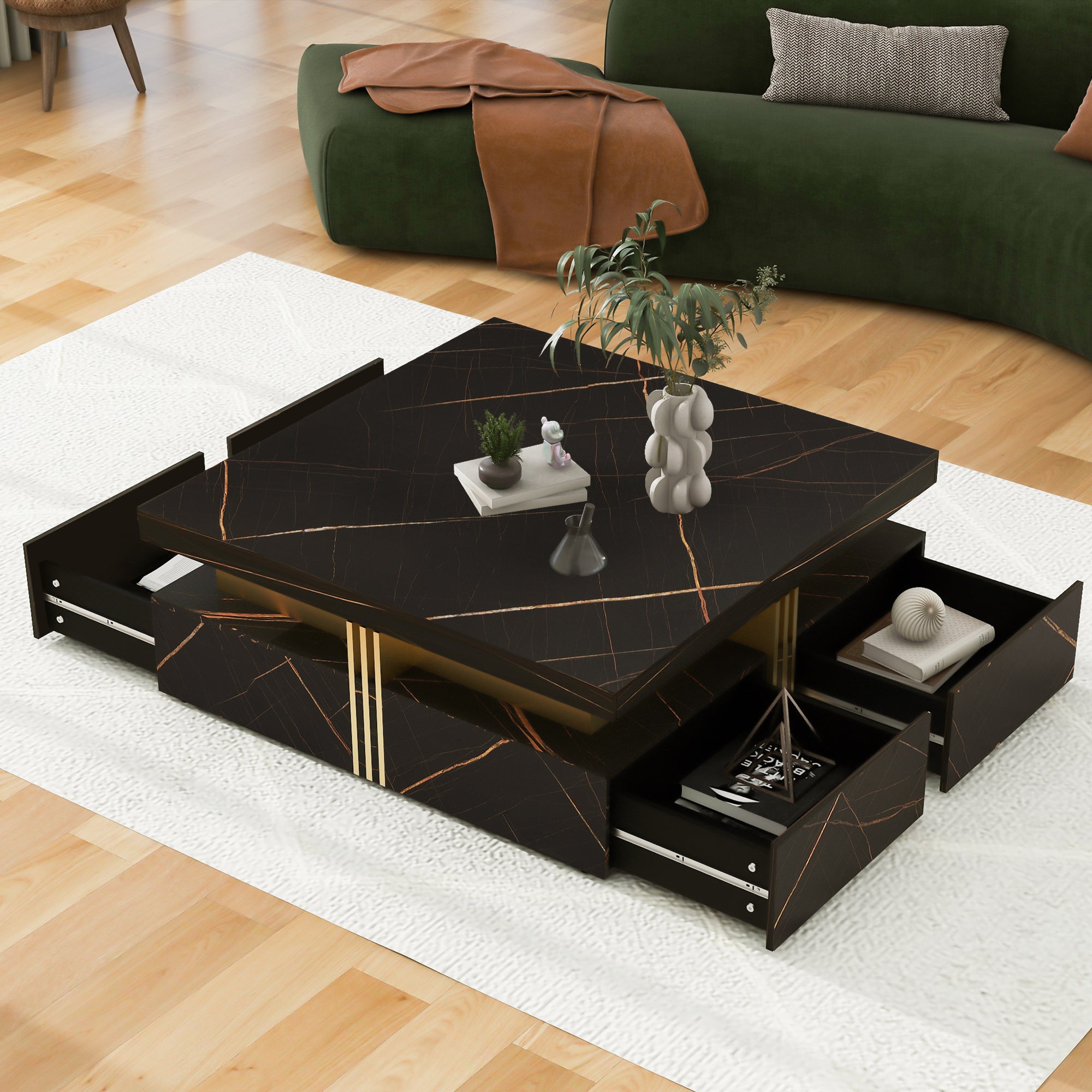 Black storage coffee table drawer handles close-up