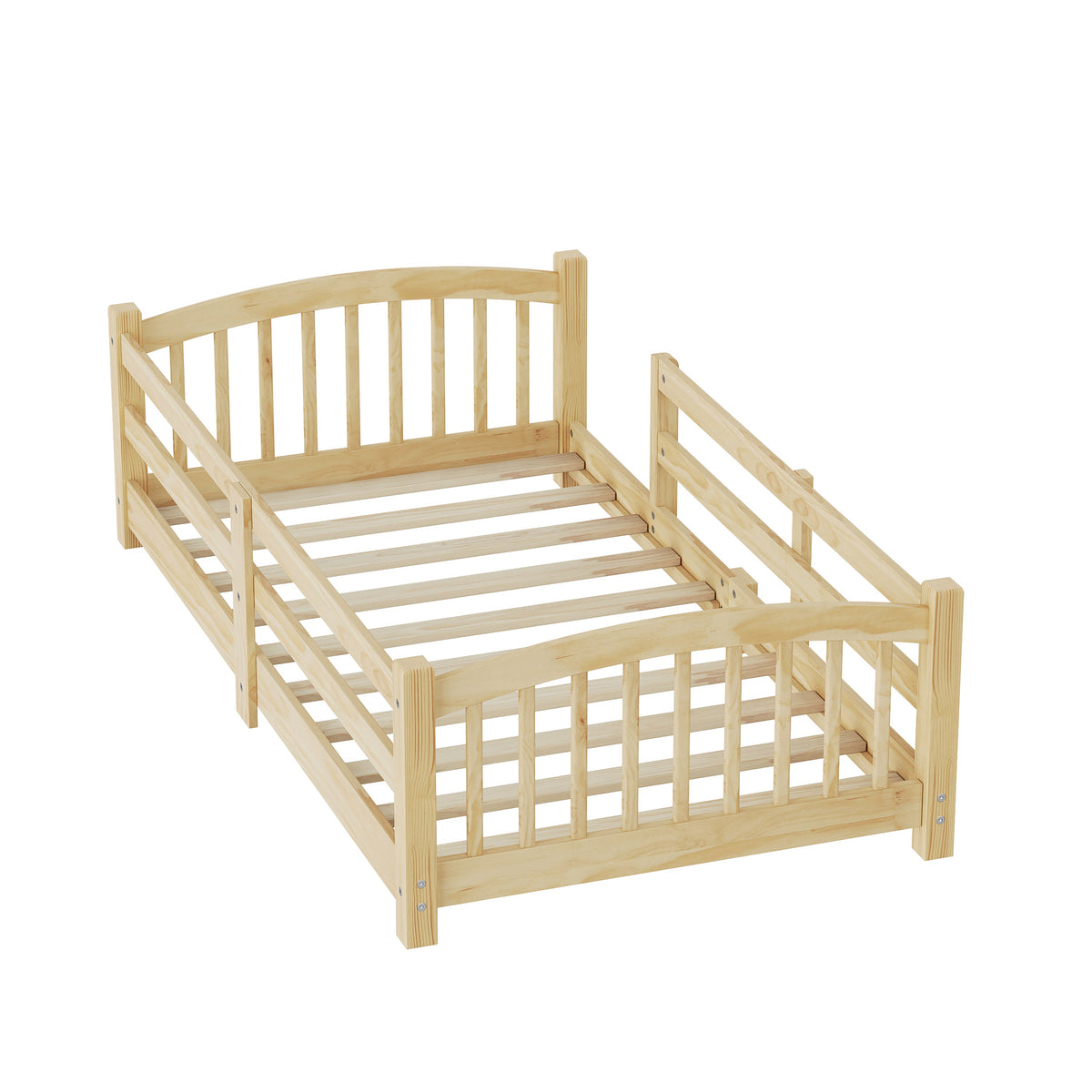 Twin Montessori Floor Bed with Slats and Safety Guardrails, Solid Wood Floor Bed with Fence and Without Door, Easy Assemble Montessori Bed for Girls and Boys, Gray