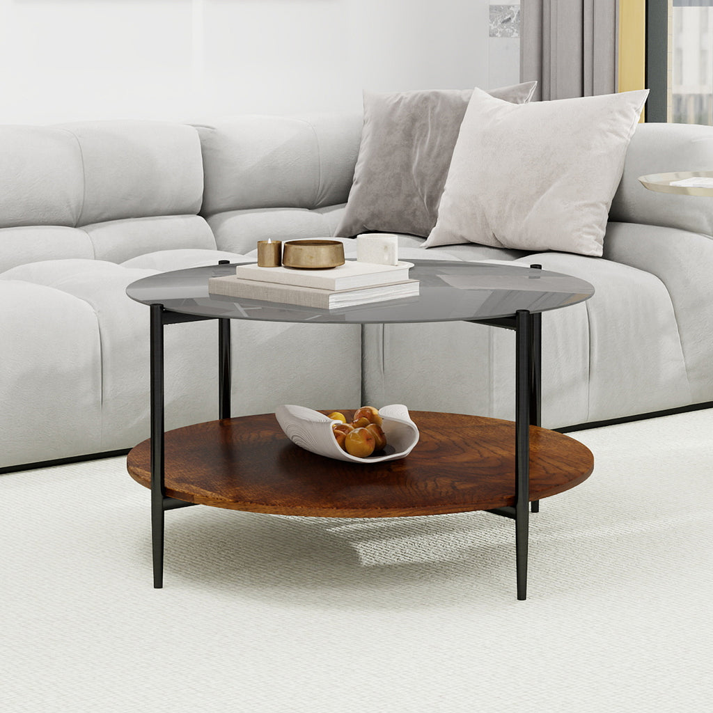 Round coffee table walnut wood lower storage shelf detail