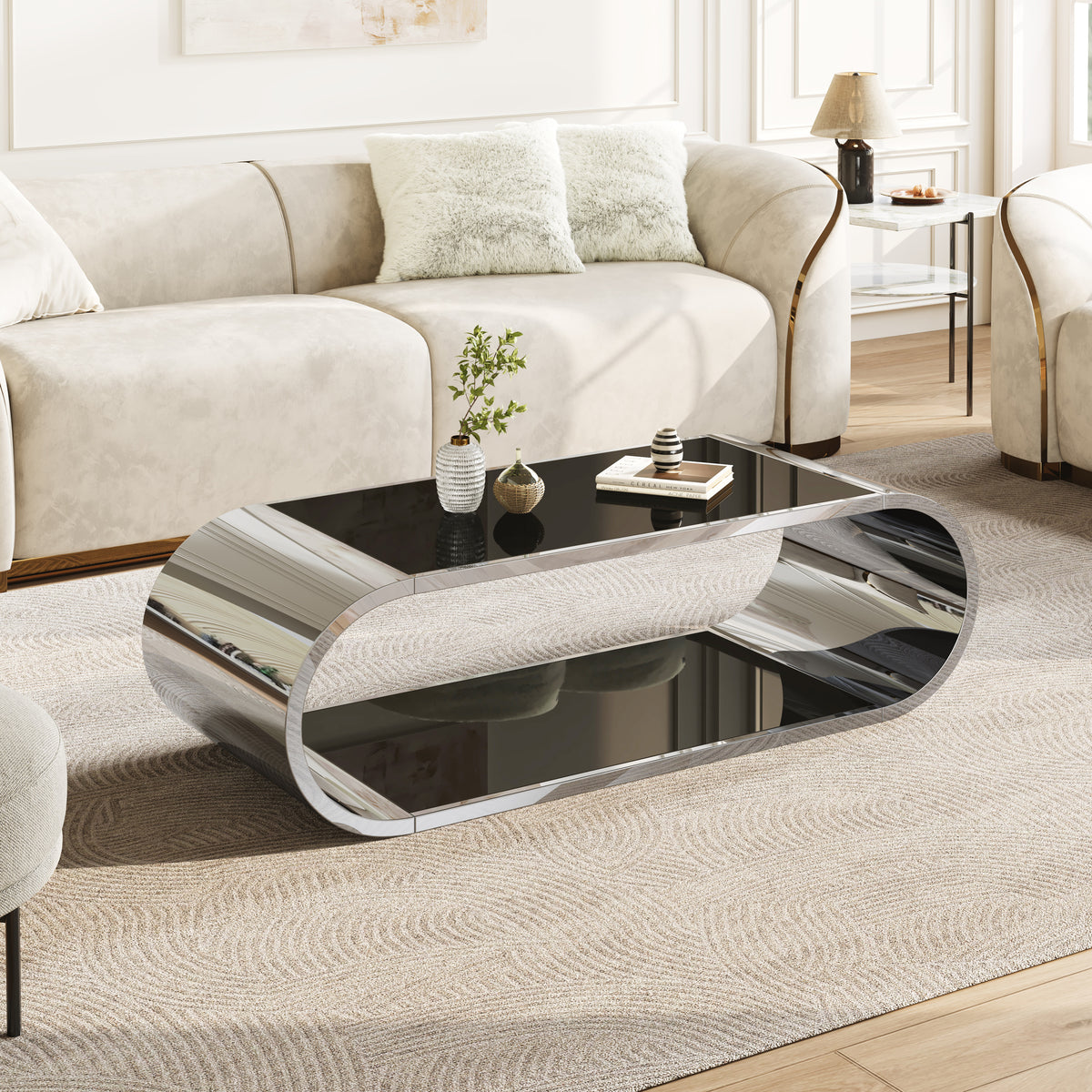57' Silver Stainless with Glass Coffee Table, Modern Coffee Table for Living Room, 2-Tier Glass Top with Large Space Fashion Design