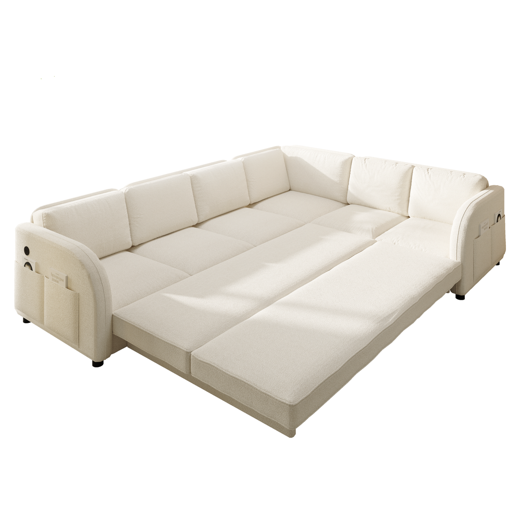 115.2' L-Shaped Sofa Couch with Pull-Out Bed,Oversize Convertible Sleeper Sofa with side Pocket & USB Port,Teddy Upholstered Sectional Couches with Convert Left/Right Facing, Light Grey