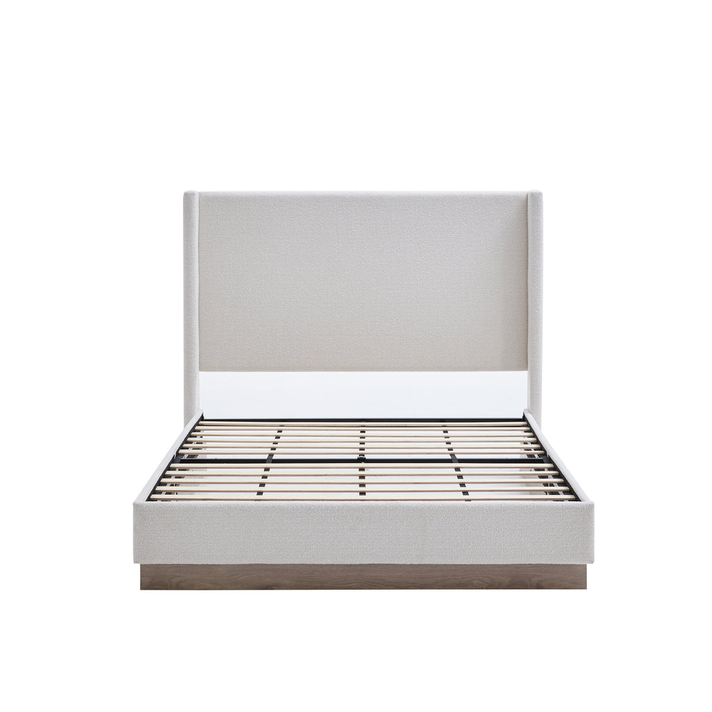 Hosford Minimalist Upholstered Wingback Bed with Wood Base Platform - Cream White Boucle Fabric, Light Grey Camel Oak Frame, 52.5' High Headboard, California King