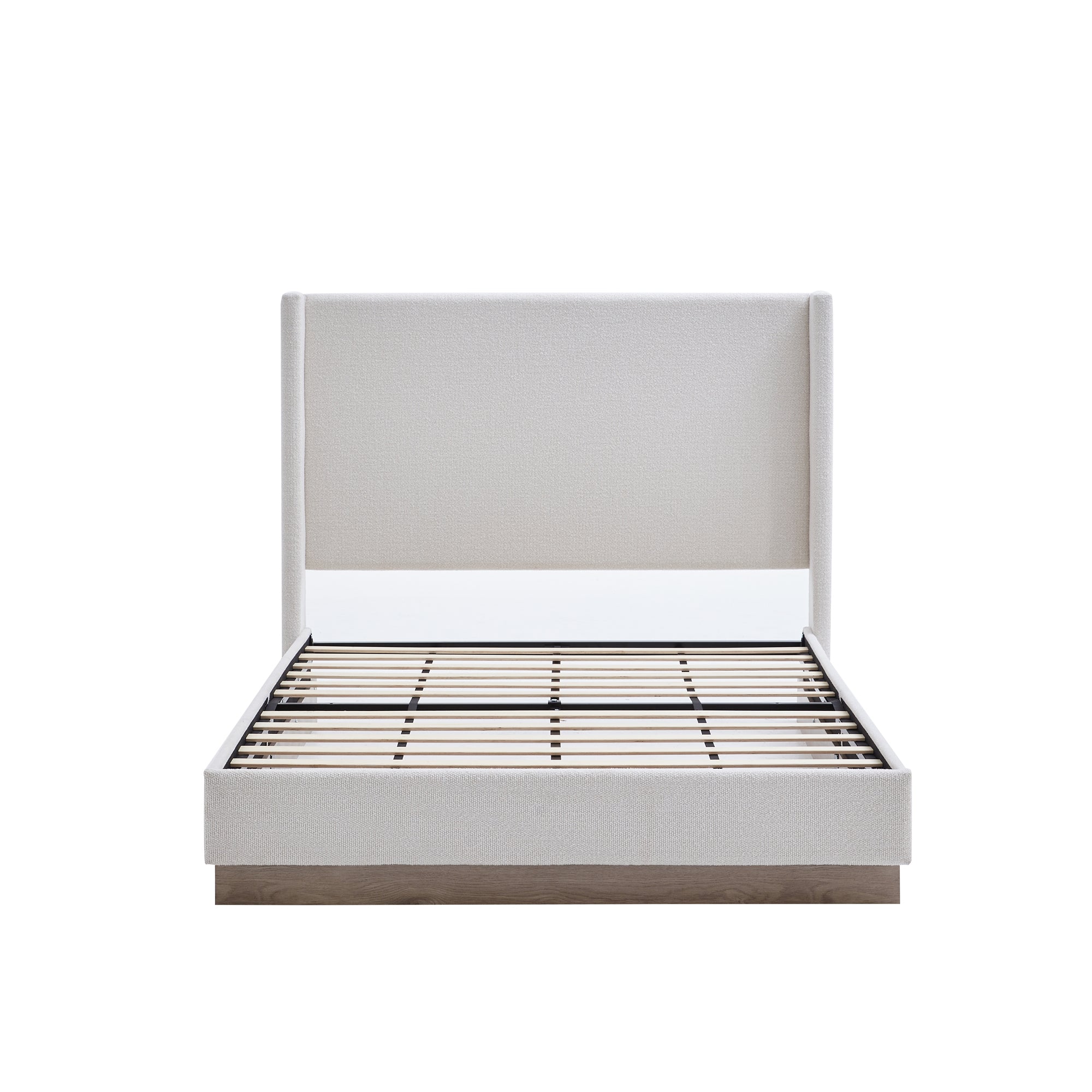 Hosford Minimalist Upholstered Wingback Bed with Wood Base Platform - Cream White Boucle Fabric, Light Grey Camel Oak Frame, 52.5' High Headboard, California King