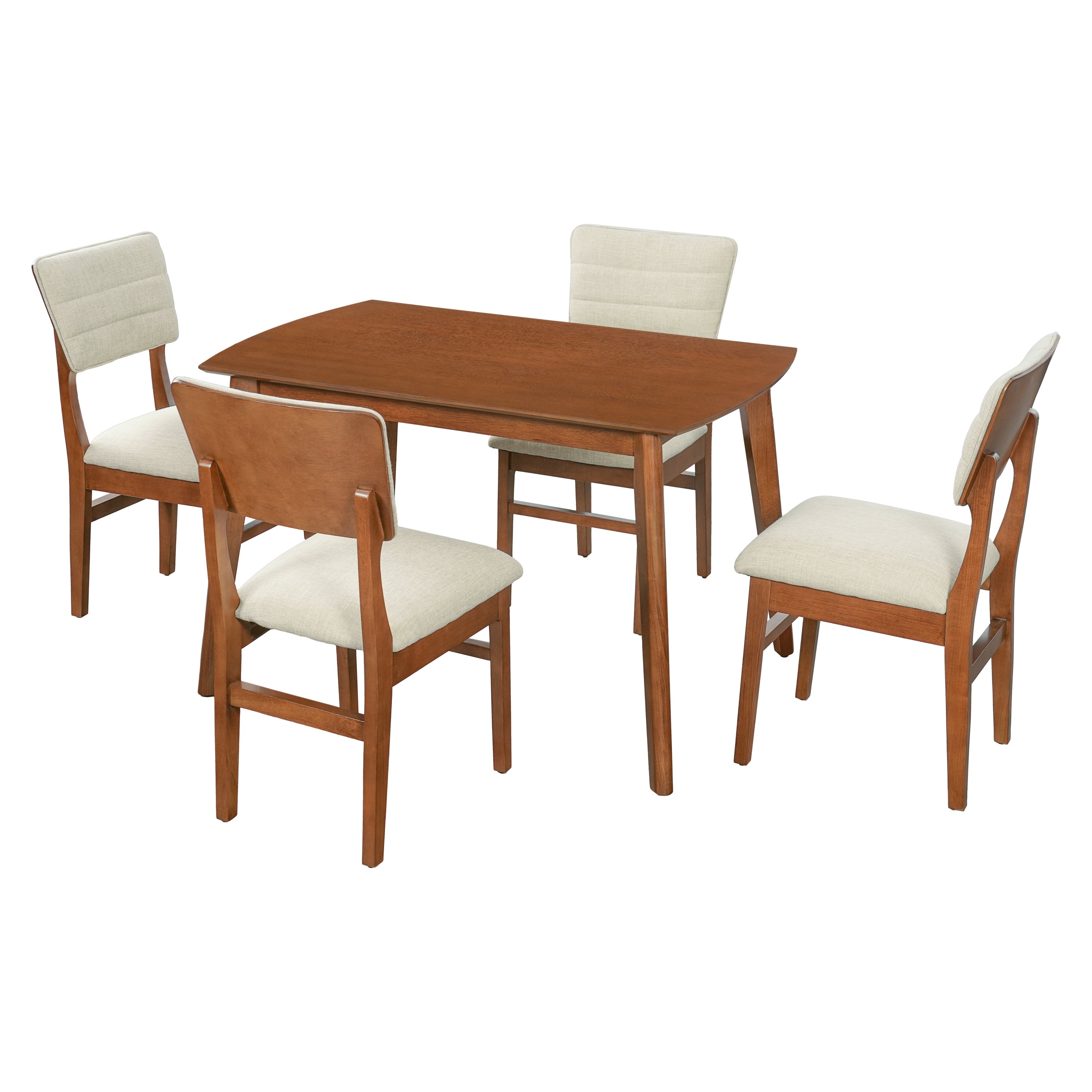 Farmhouse Dining Table Set for 4, Wood Kitchen Table & 4 Upholstered Chairs with Sturdy Rubber Wood Frame, Padded Seat, Curved Backrest, Space-Saving Dinette Set for Dining Room, Brown+Gray