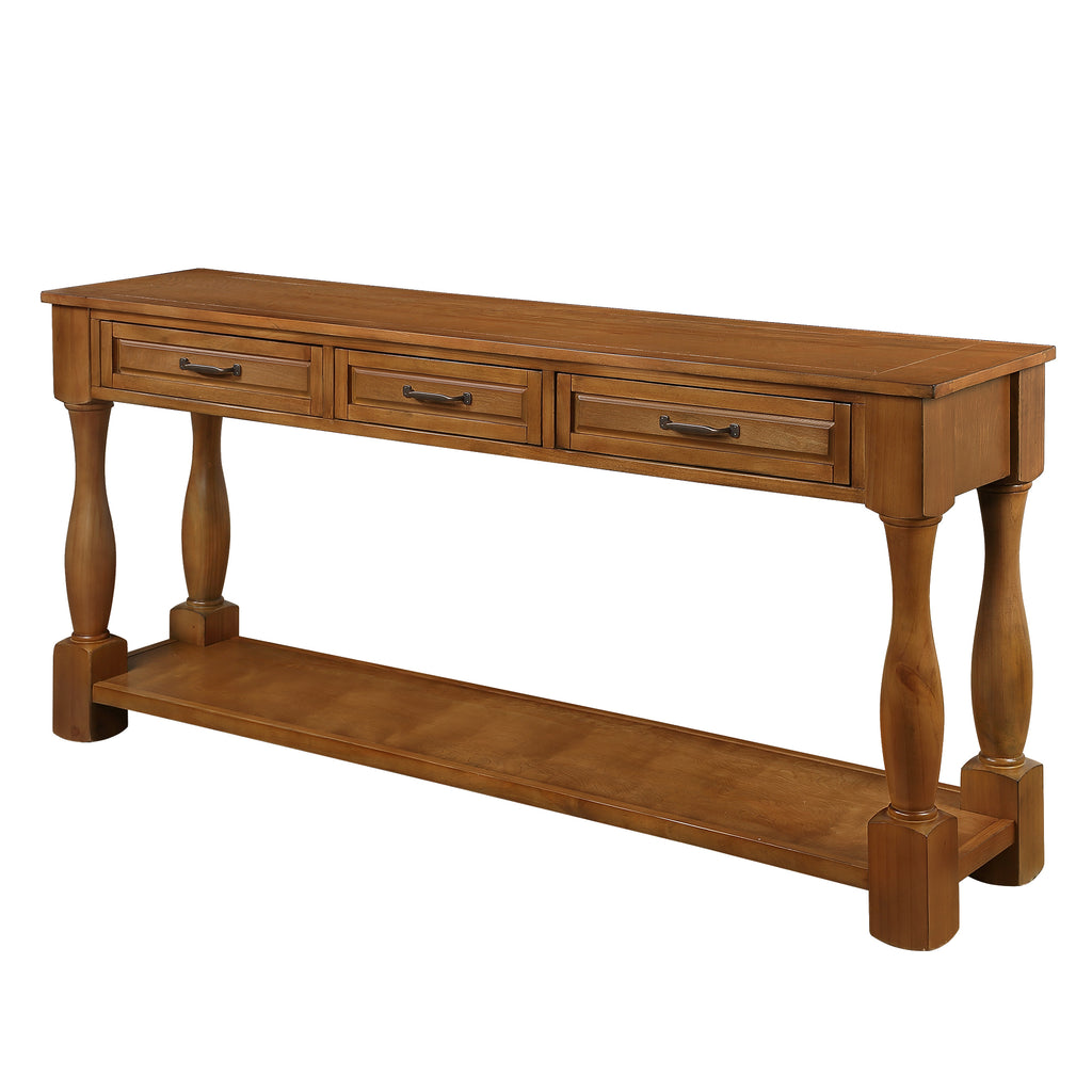 Brown console table bottom shelf support leg detail