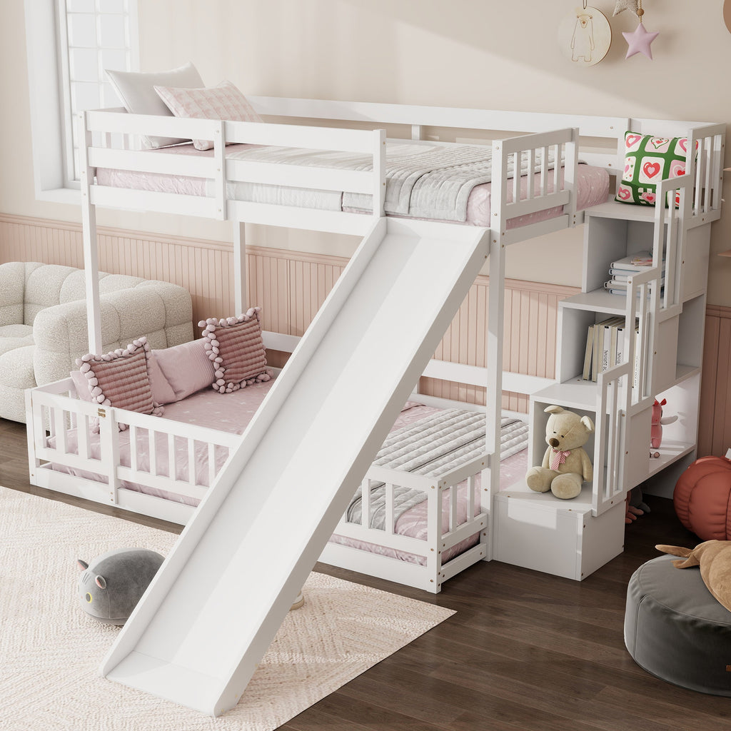 Twin Over Full Bunk Bed with Slide, Storage Staircase, Pine Solid Wooden Bunk Bed with Safety Guardrails ,Grey (Old Sku W504S00184)