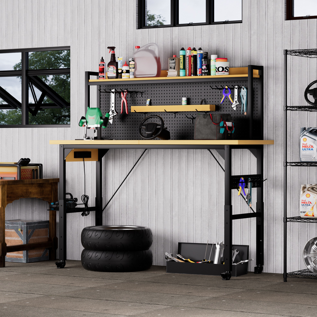 Rolling workbench with four caster wheels for easy mobility