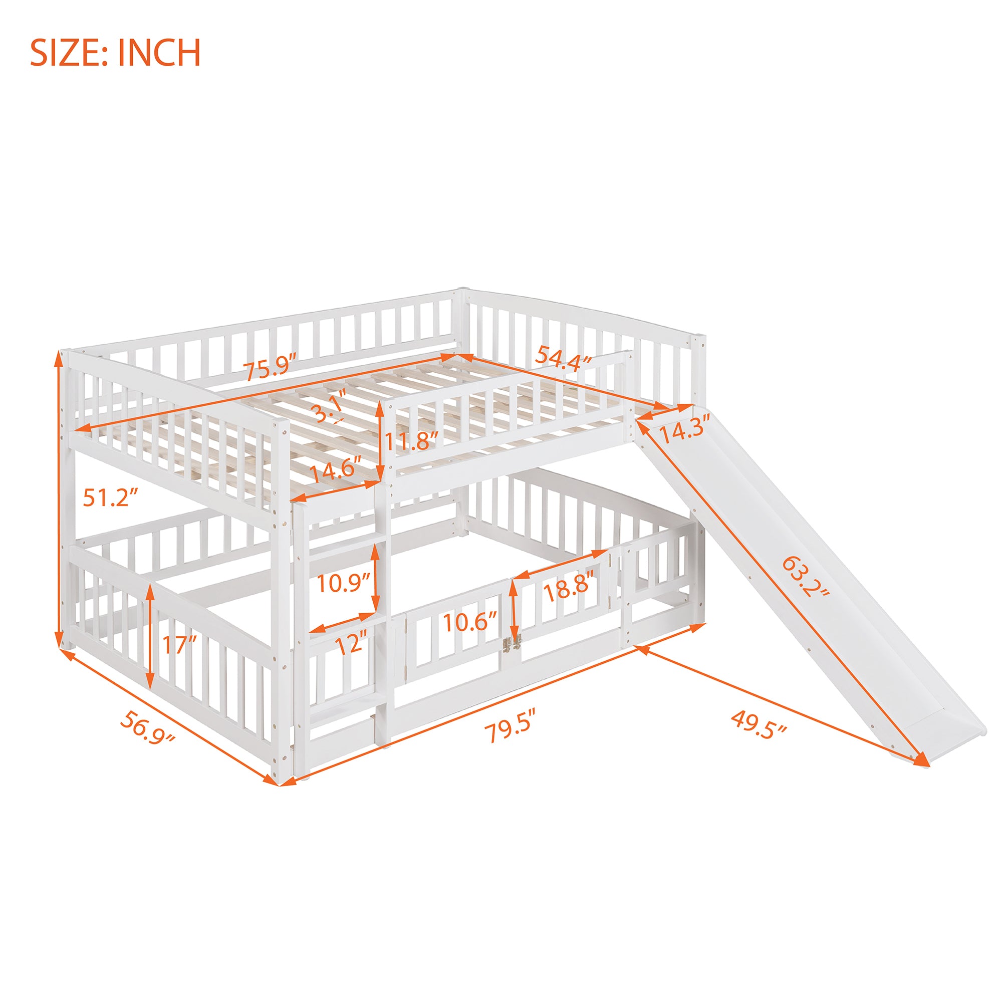 White full bunk bed slide entry from lower level