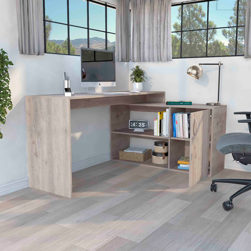 L-shaped desk two open shelves and closed cabinet storage detail