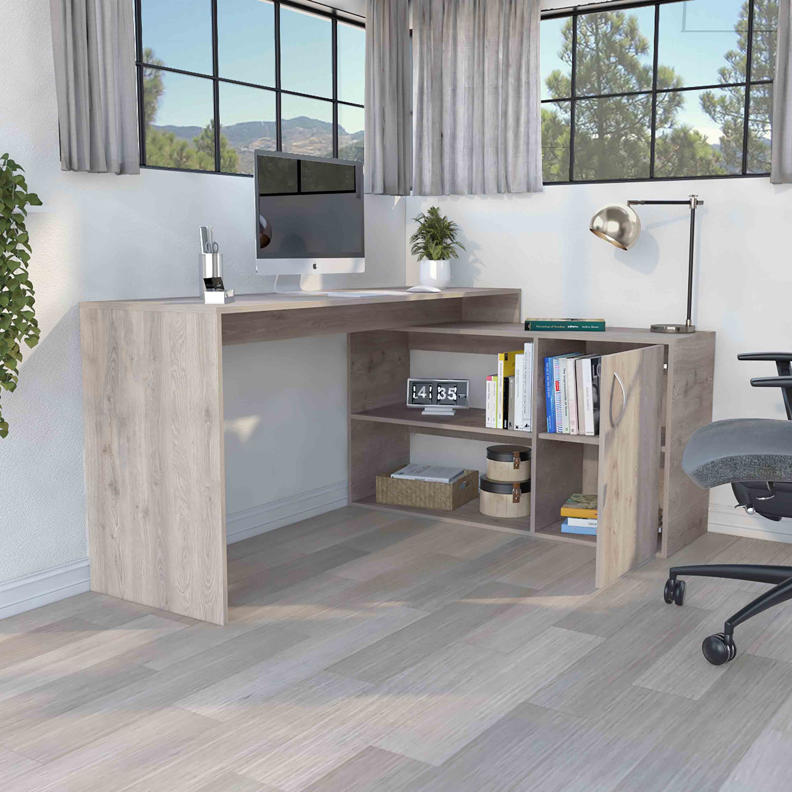L-shaped desk two open shelves and closed cabinet storage detail
