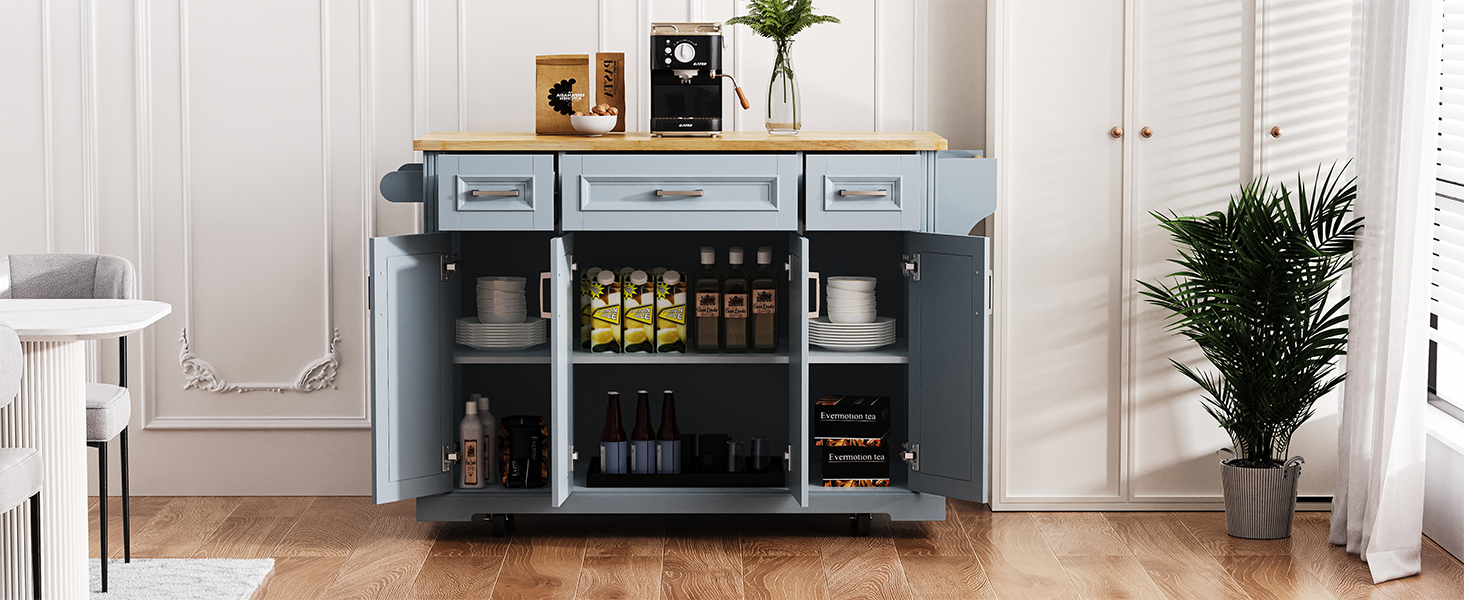 K&K 54inch Large Kitchen Island with Rubber Wood Drop Leaf, Embossed Texture Rolling Kitchen Cart on 4 Wheels with 4 Doors and 3 Drawers, Kitchen Island with Storage for Kitchen, Dining Room,Black