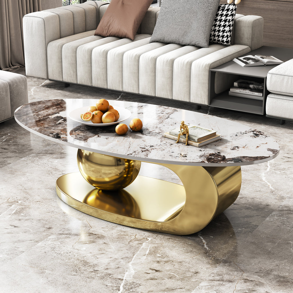 Gold multi-tone oval faux marble coffee table with stainless steel ball base — front view