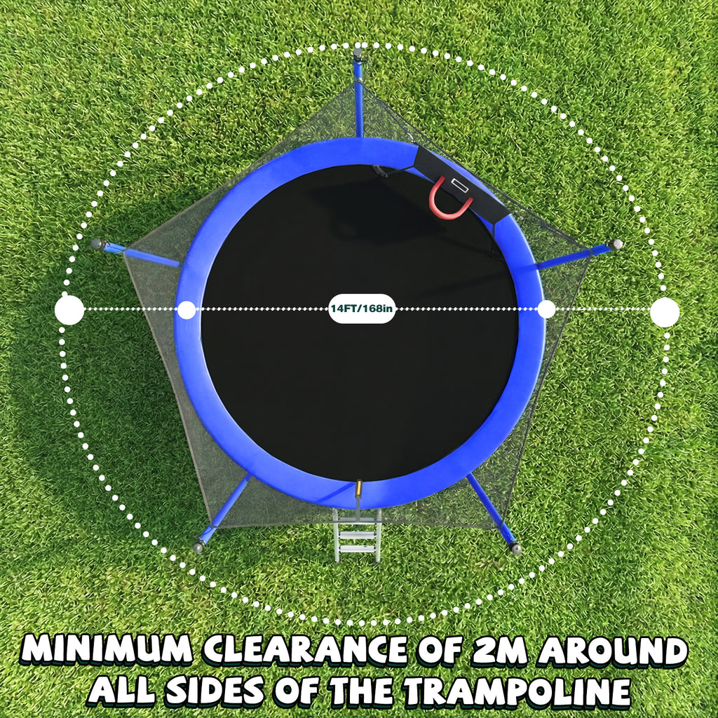 14 ft blue trampoline with child jumping safety net and basketball hoop — lifestyle view