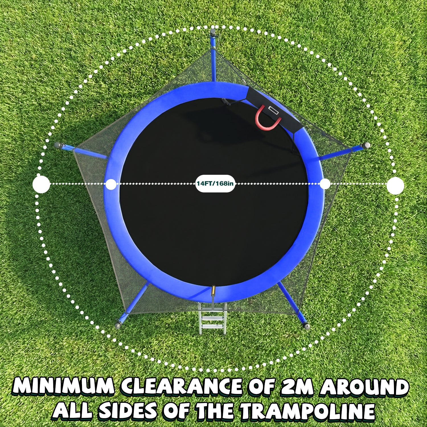 14 ft blue trampoline with child jumping safety net and basketball hoop — lifestyle view