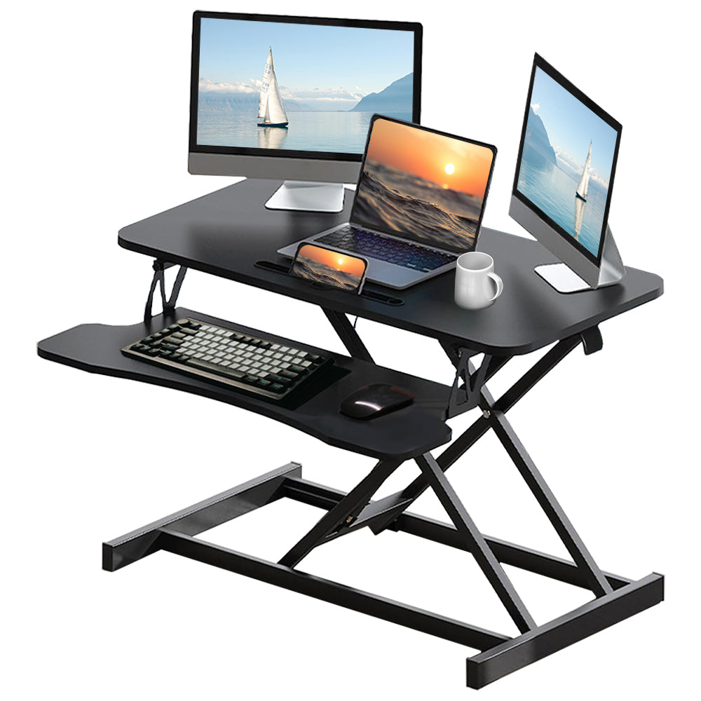 Height-adjustable desk converter monitor and laptop arrangement