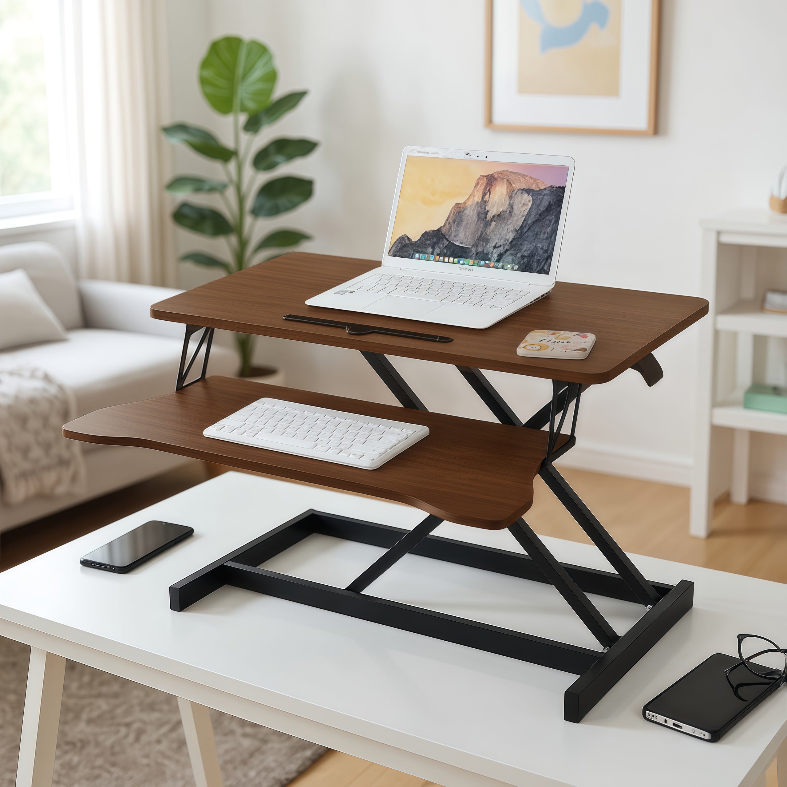 32 Inch Desk Converter, Height Adjustable Sit to Stand Riser, Dual Monitor and Laptop Workstation with Wide Keyboard Tray, Walnut Color