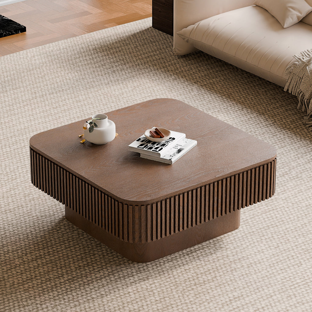 31.5'' Square Coffee Table with Storage Solid Wood Veneered Modern Coffee Table Accent Tea Table for Living Room, Bedroom, Apartment or Office, Natural Wood