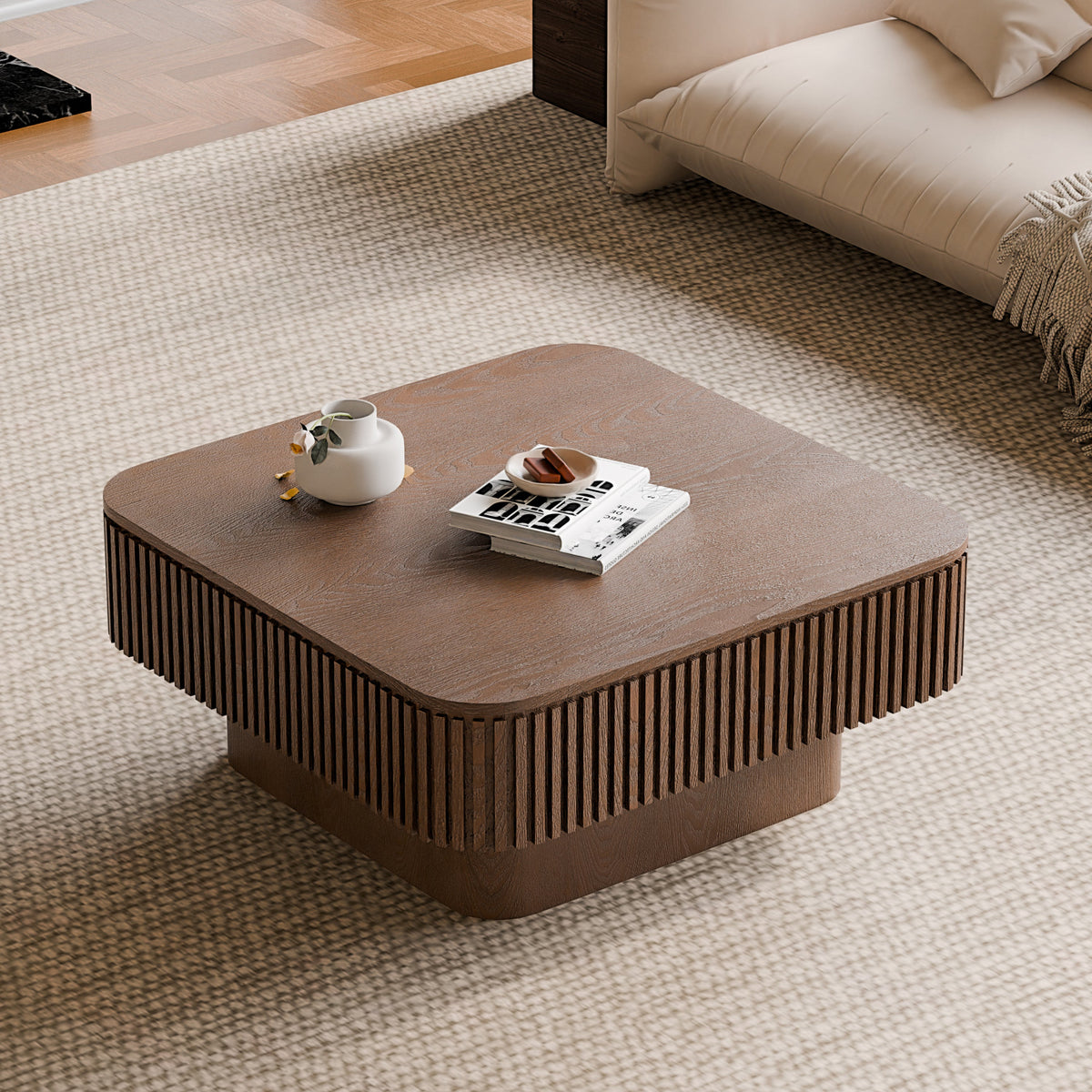 31.5'' Square Coffee Table with Storage Solid Wood Veneered Modern Coffee Table Accent Tea Table for Living Room, Bedroom, Apartment or Office, Natural Wood