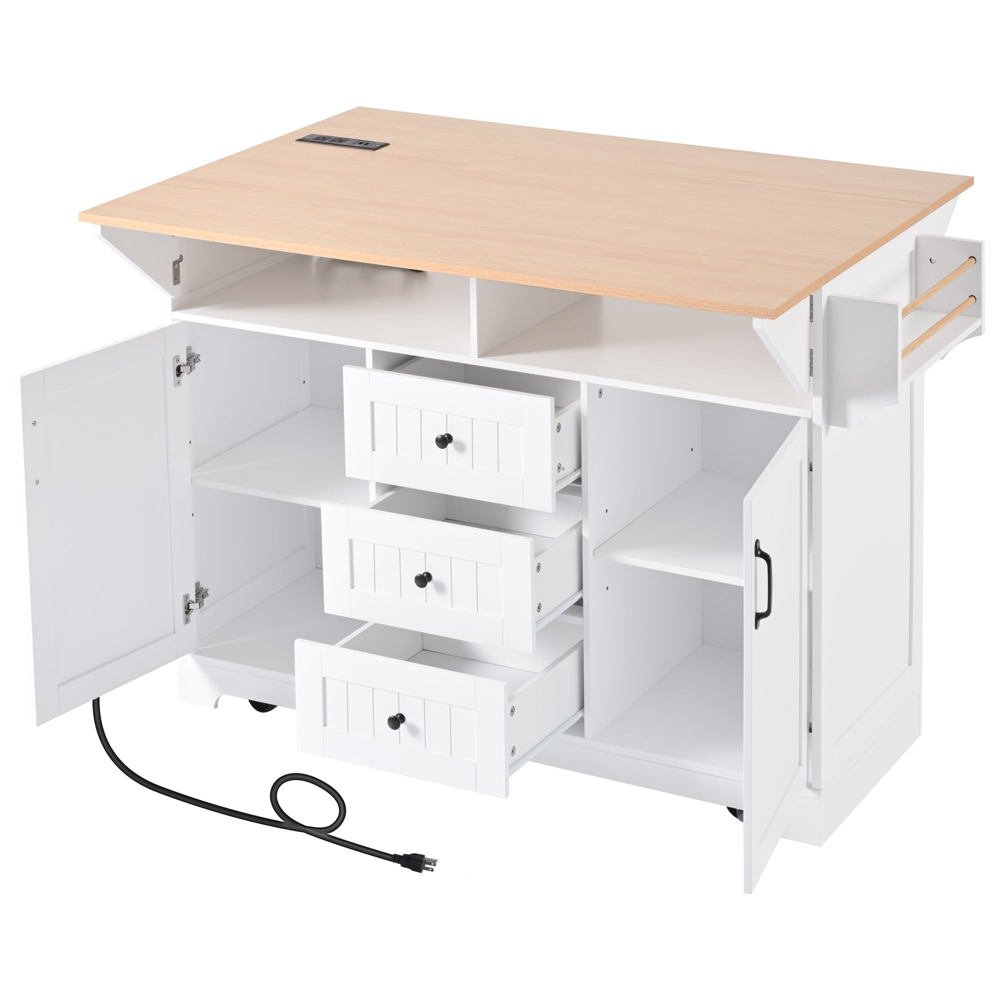 K&K 55.7'' Large Kitchen Island with 2 Drop Leaf,, Rolling Kitchen Cart on 5 Wheels with Power Outlet, Folding Storage Dining Table with Spice & Towel Rack , 3 Drawers, for Kitchen, Dining Room,Black