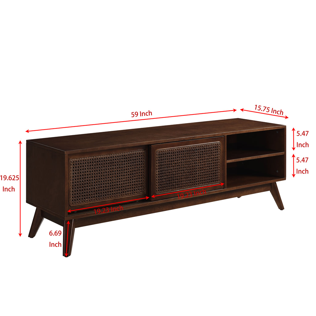 Walnut rattan entertainment center full product photo