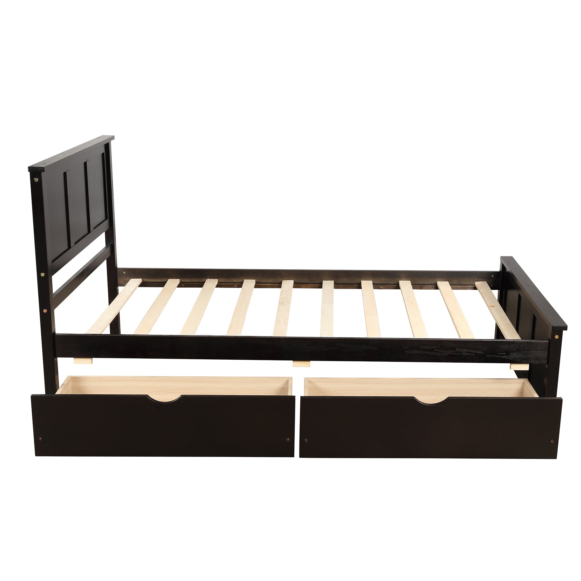 Espresso twin platform bed side profile with drawers
