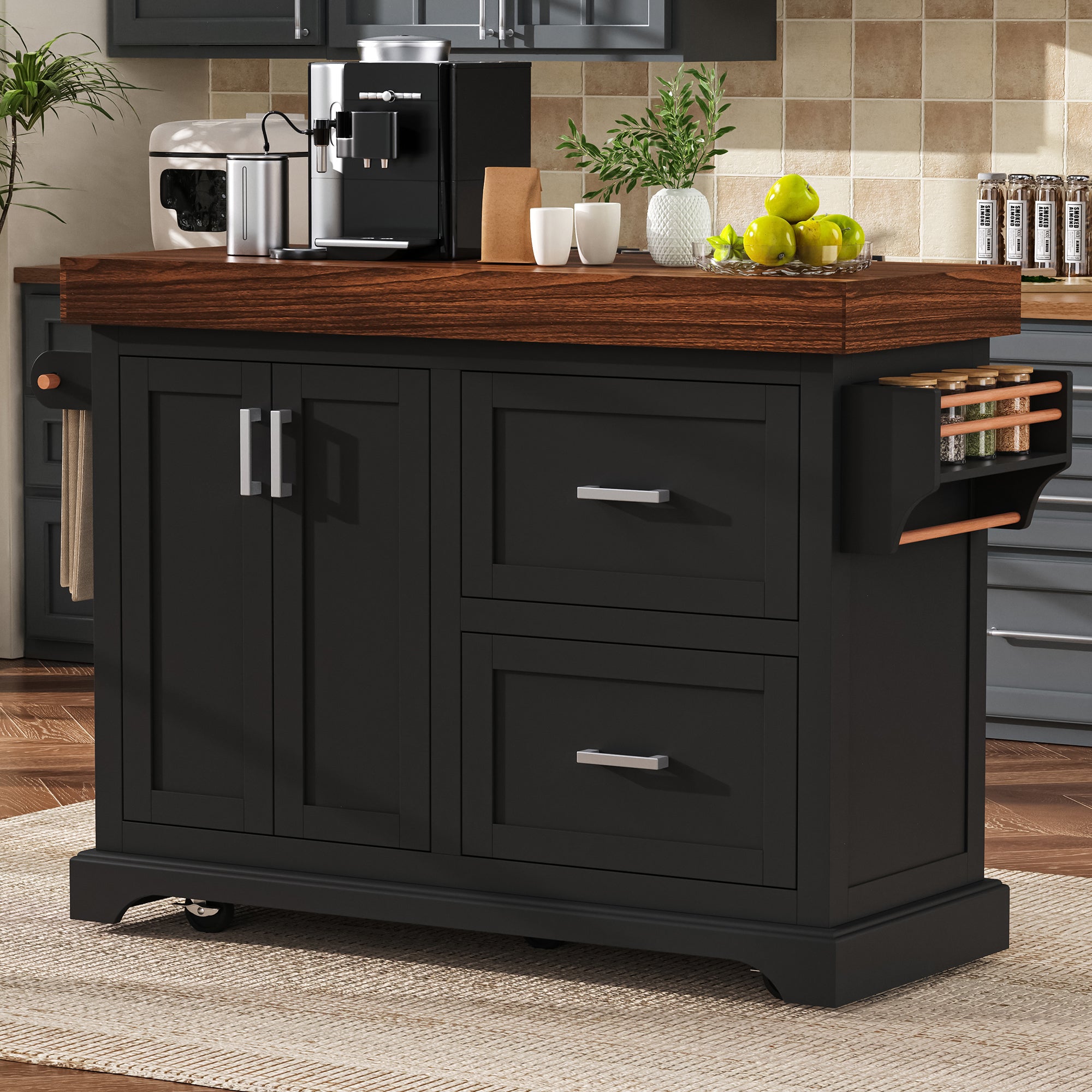 K&K 53' Large Kitchen Island with 3.5' Thick Desktop, Spice and Towel Racks, Rolling Kitchen Island with Storage on 5 Wheels, 2 Extra-large Drawers, for Home, Kitchen, Dining Room, Black