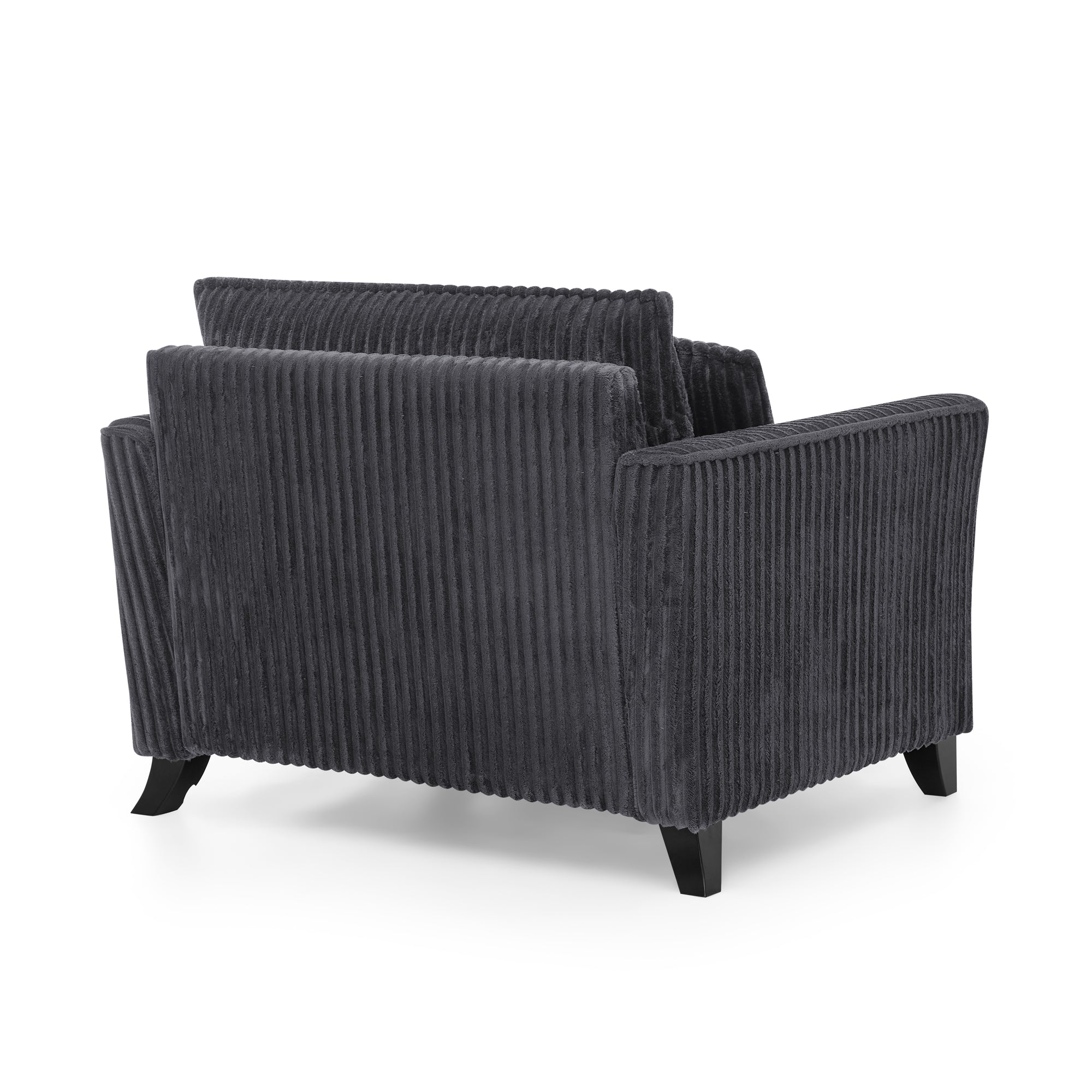 Gray corduroy single-seat chair side profile with armrests