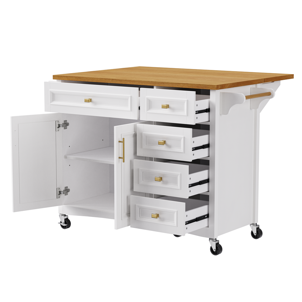 K&K 52'' Kitchen Island with Drop Leaf, Embossed Texture Kitchen Island on Wheels with Spice Rack, Towel Rack, 2 Doors and 5 Drawers, Kitchen Storage Cart with Adjustable Shelf for Kitchen, Blue Grey