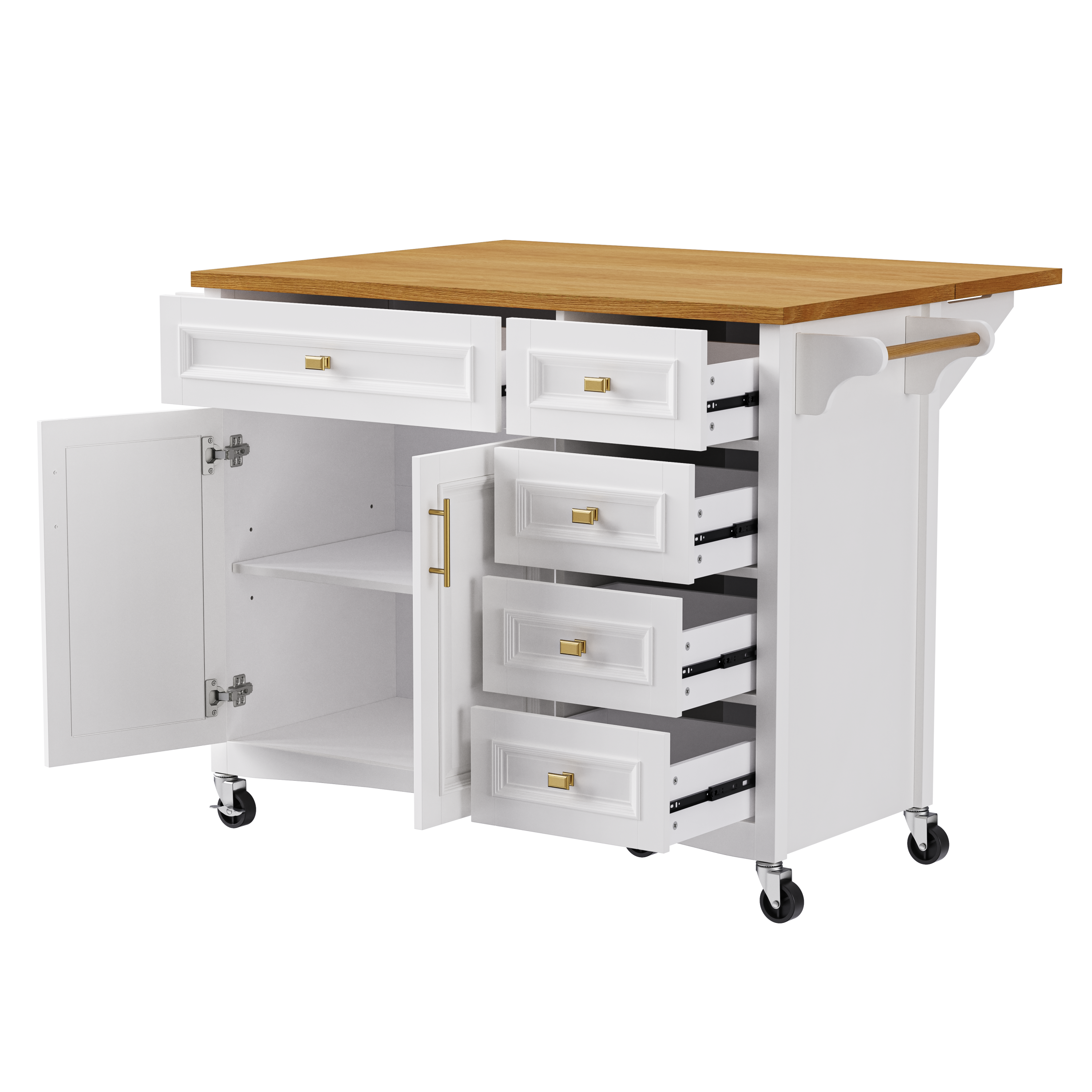 K&K 52'' Kitchen Island with Drop Leaf, Embossed Texture Kitchen Island on Wheels with Spice Rack, Towel Rack, 2 Doors and 5 Drawers, Kitchen Storage Cart with Adjustable Shelf for Kitchen, Blue Grey
