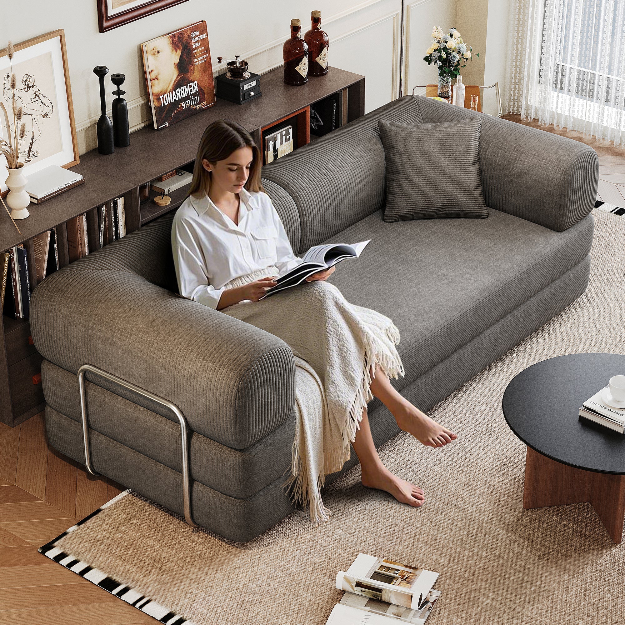 Corduroy Compression Convertible Floor Sofa Bed — Modular Loveseat, 78.8" Wide