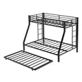 Modern Square Tube Iron Bunk Bed with Ladder and Rolling Trundle, Queen Size, Black, Strong Load-Bearing for Home, Dormitory, or Guest Room