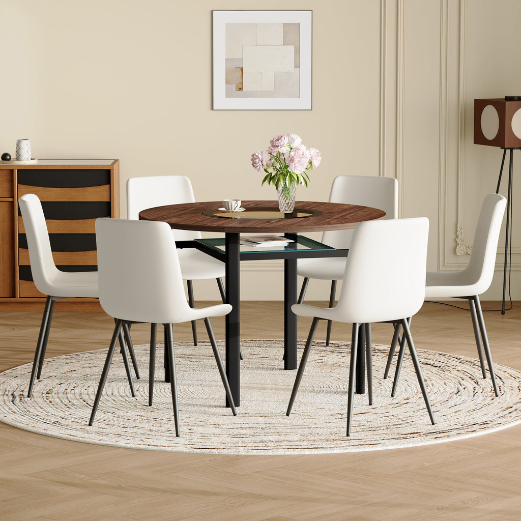Table and chair set.42 inch modern minimalist brown wood grain round dining table set.Paired with 6 Black Artificial PU Chairs With Curved Widened Cushion Design. Suitable for dining rooms,office,etc.