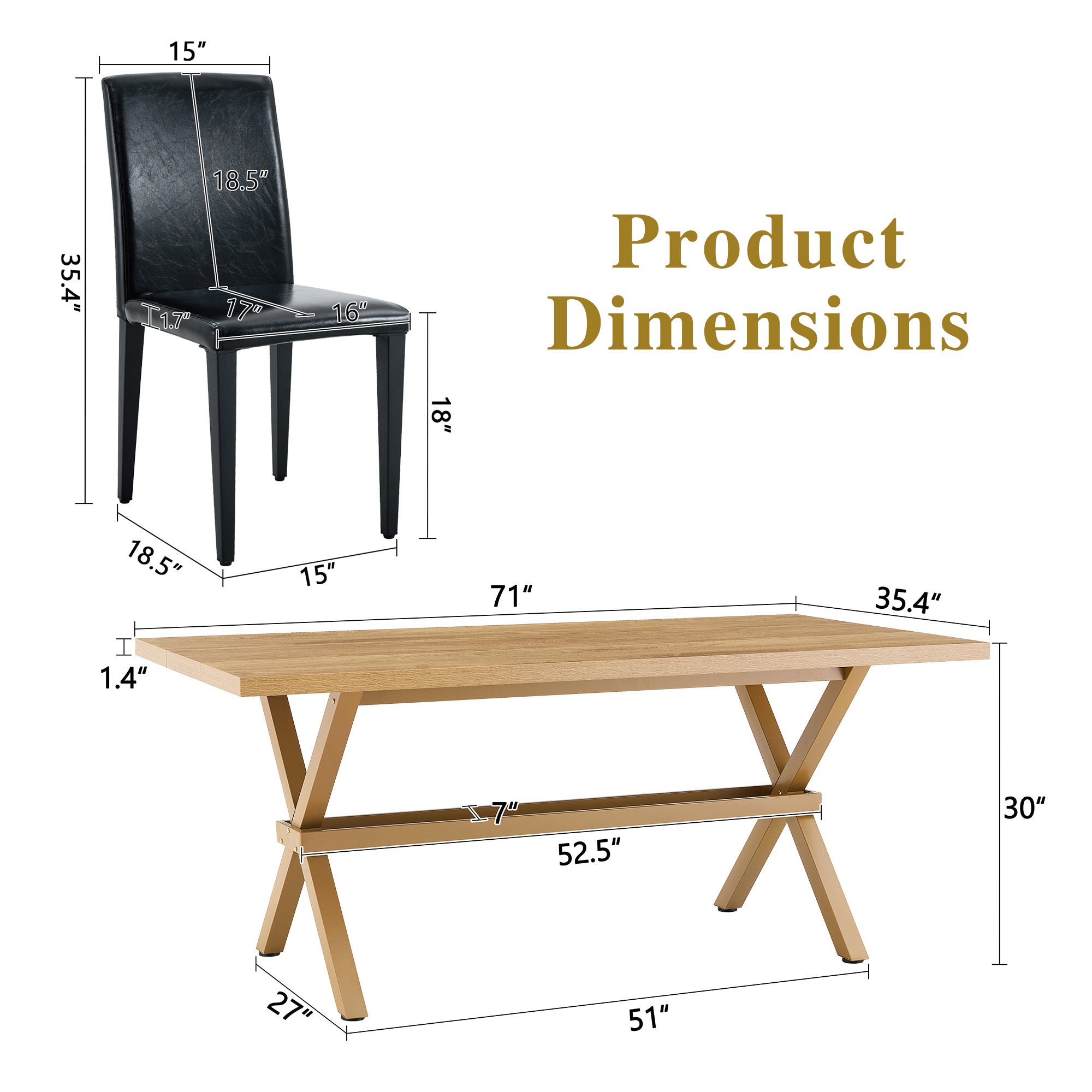 Table and chair set. 71 * 35.4 inch Wood grain MDF splicing desktop with X-shaped metal frame dining table.Includes 8 white PU dining chairs With Black Metal Legs.Making it an ideal choice for home.