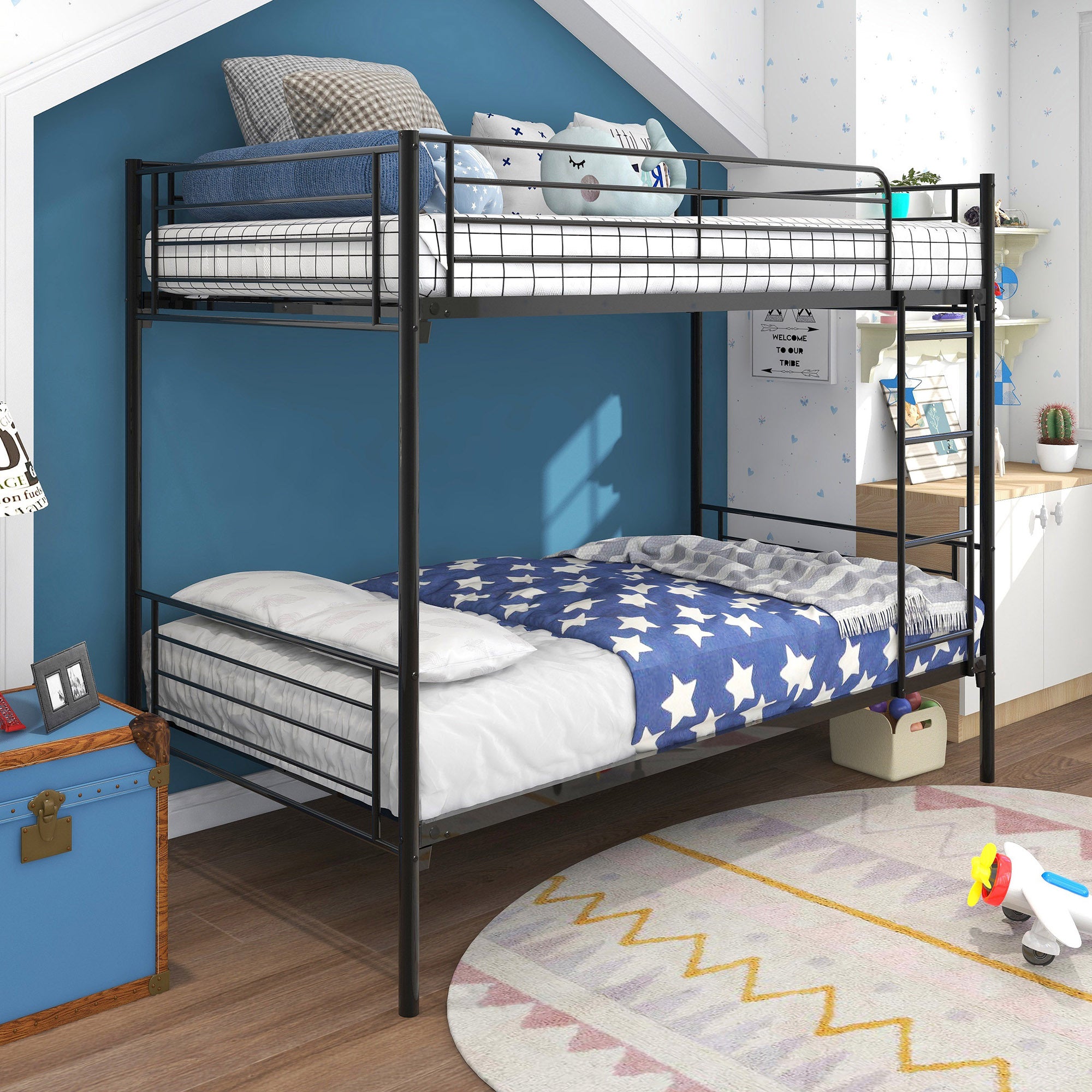Twin-over-twin metal bunk bed in black — angle view