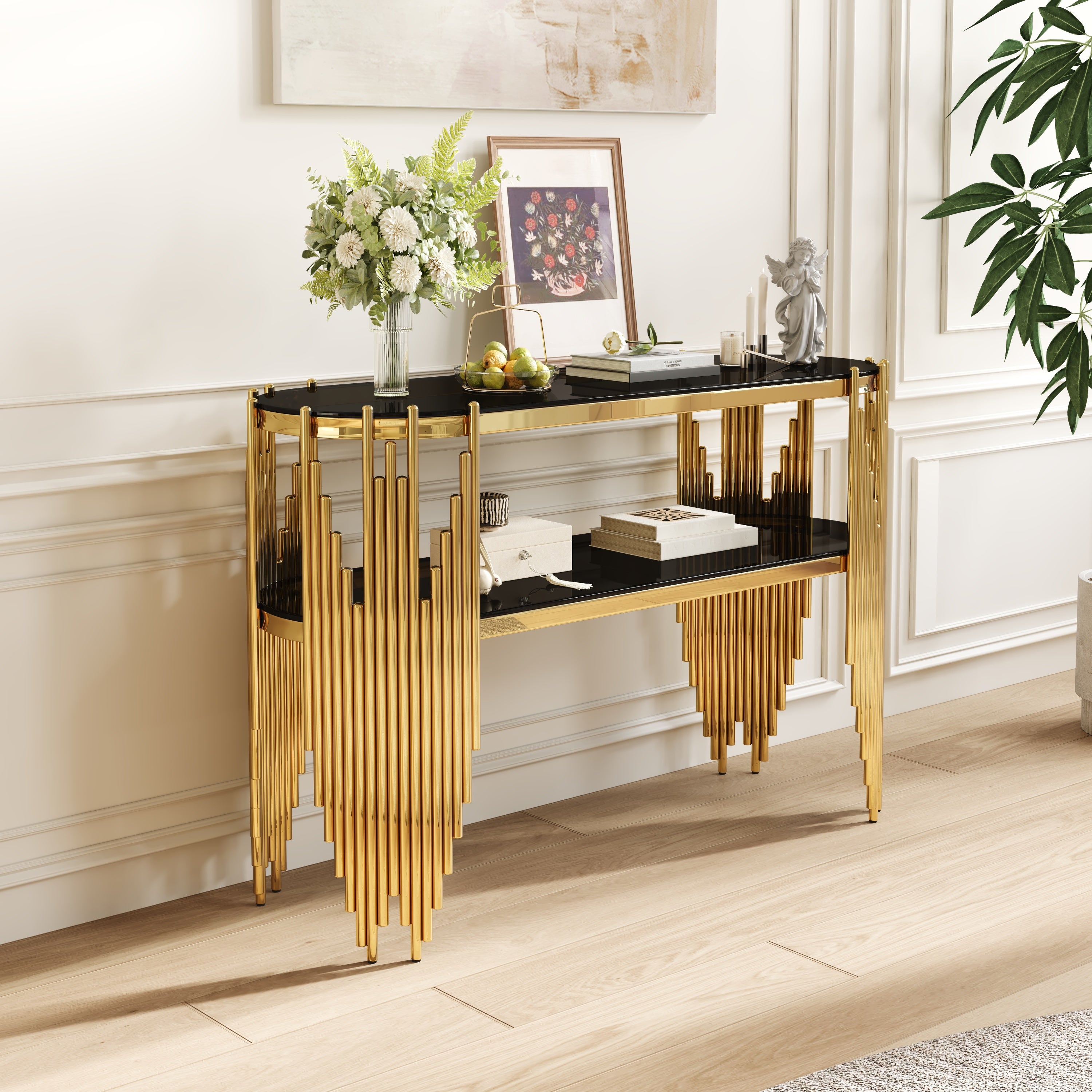 Luxury Gold Console Table with 2-Tier Black Tempered Glass Shelves, Modern Oval Entryway Table for Hallway & Living Room, Polished Stainless Steel Frame, 47' x 15.7' x 31.5'