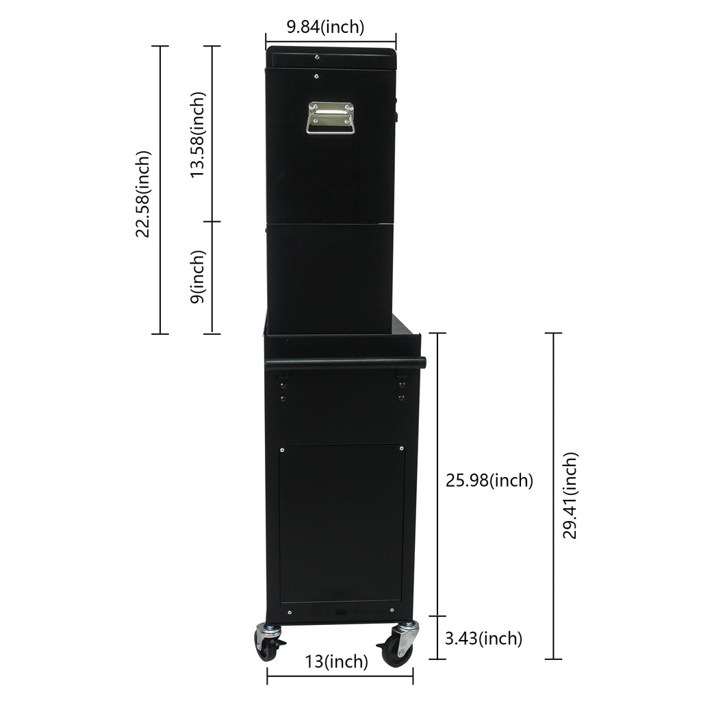 Black powder-coated steel tool cabinet side profile with pull handle