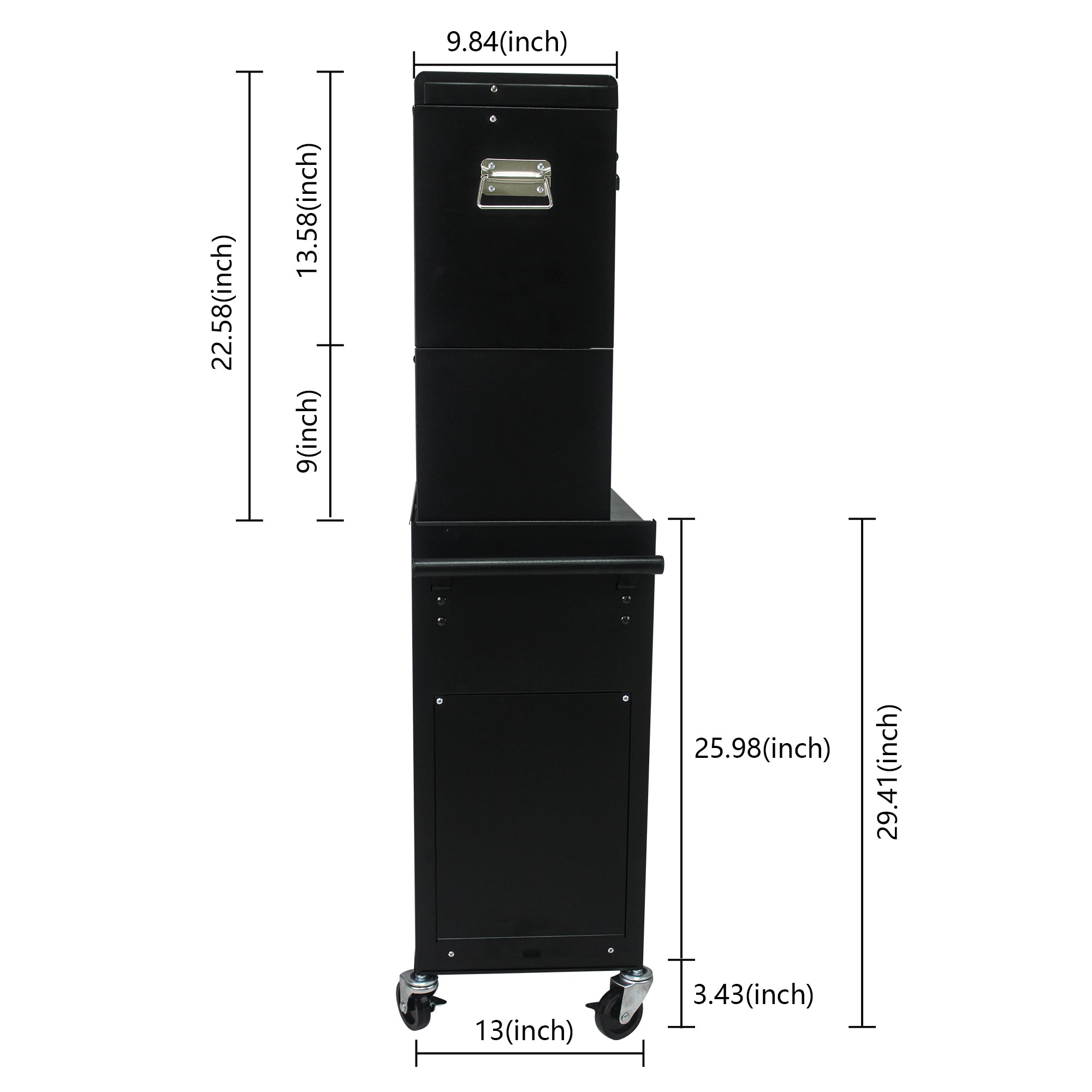 Black powder-coated steel tool cabinet side profile with pull handle